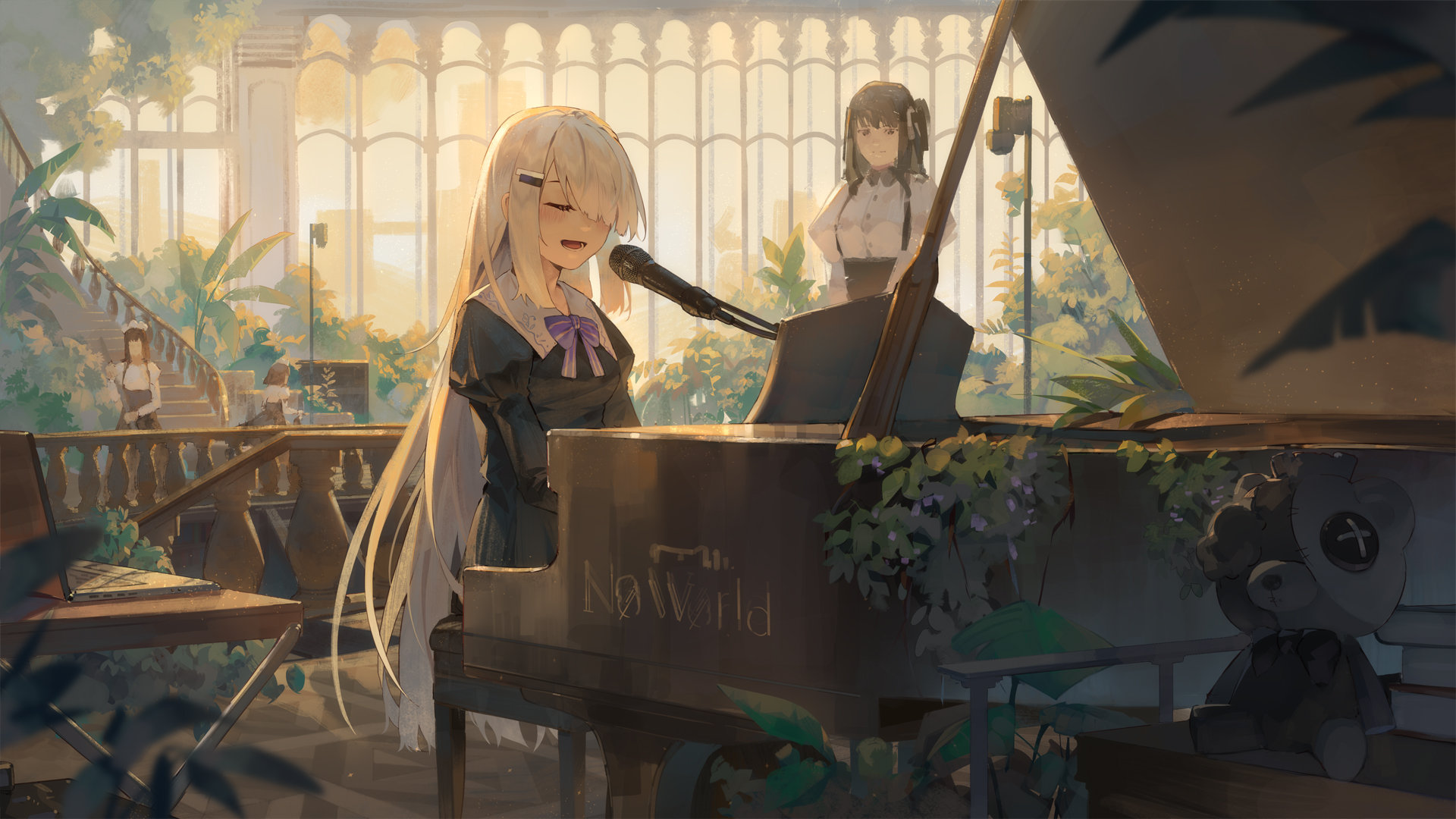 Girl with white hair singing and playing piano HD Wallpaper