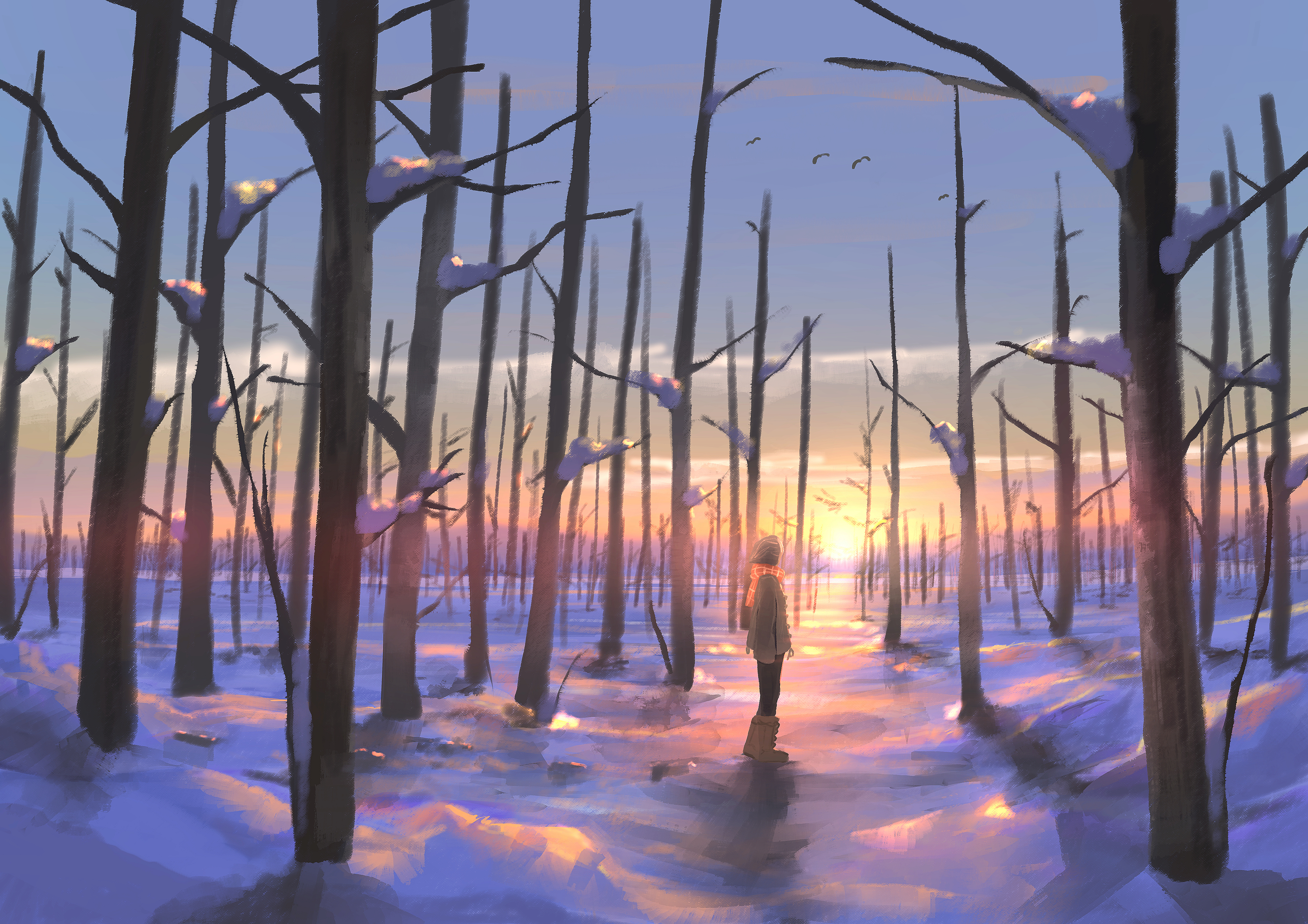 Girl in snowy forest at sunset HD Wallpaper