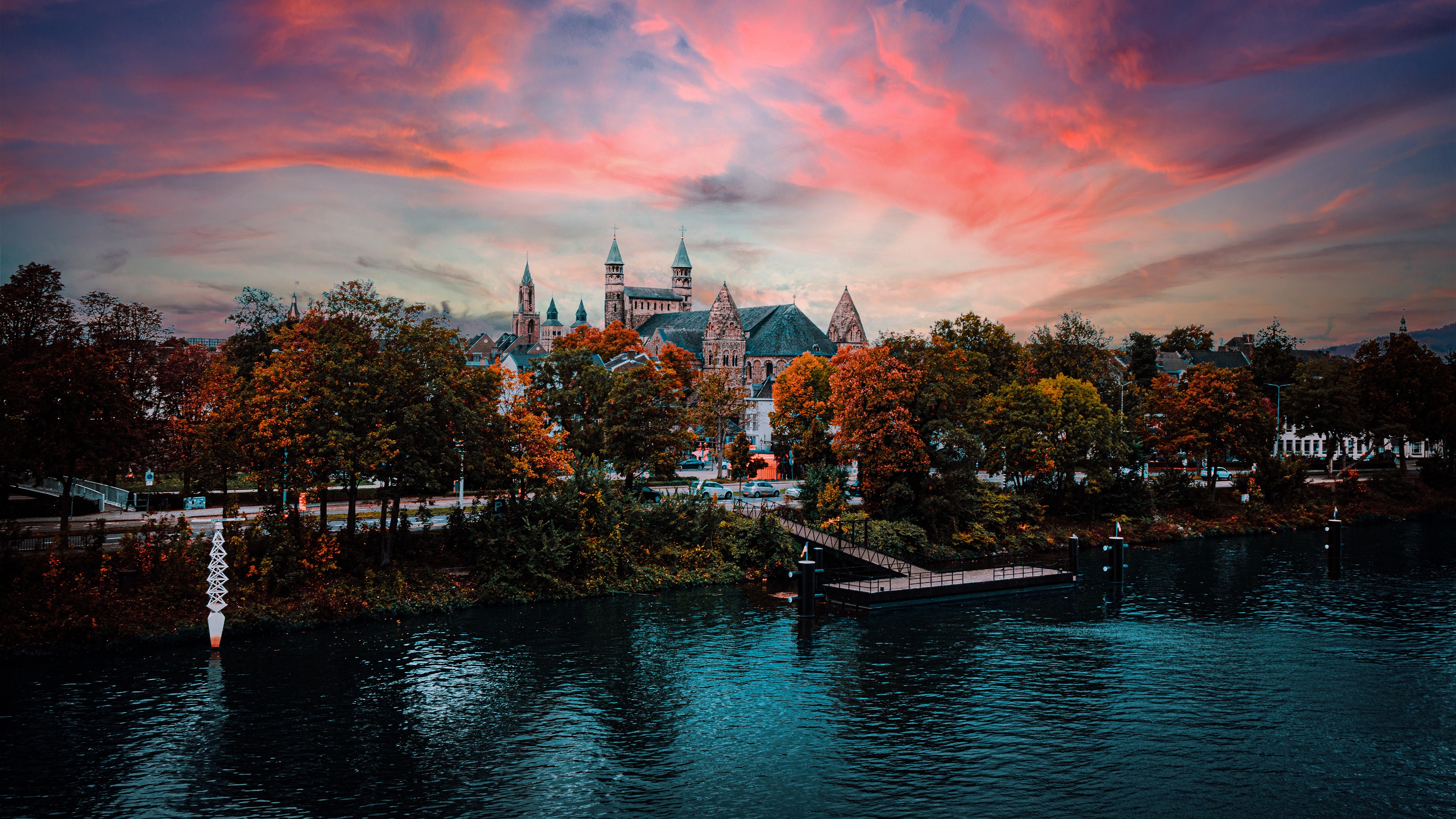 Castle with Pier during Sunset in Fall HD Wallpaper