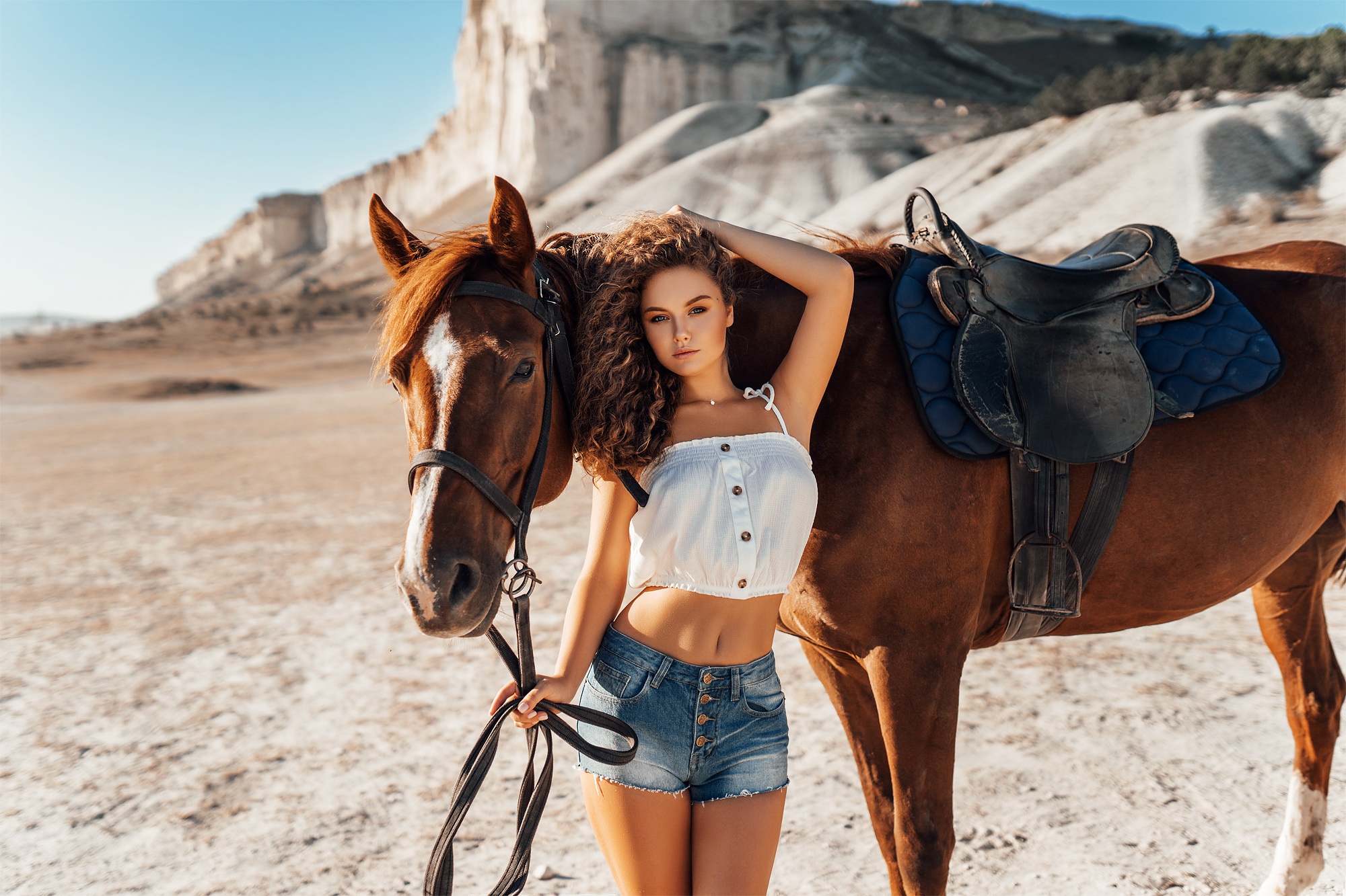 Woman with Horse in Sunny Landscape HD Wallpaper