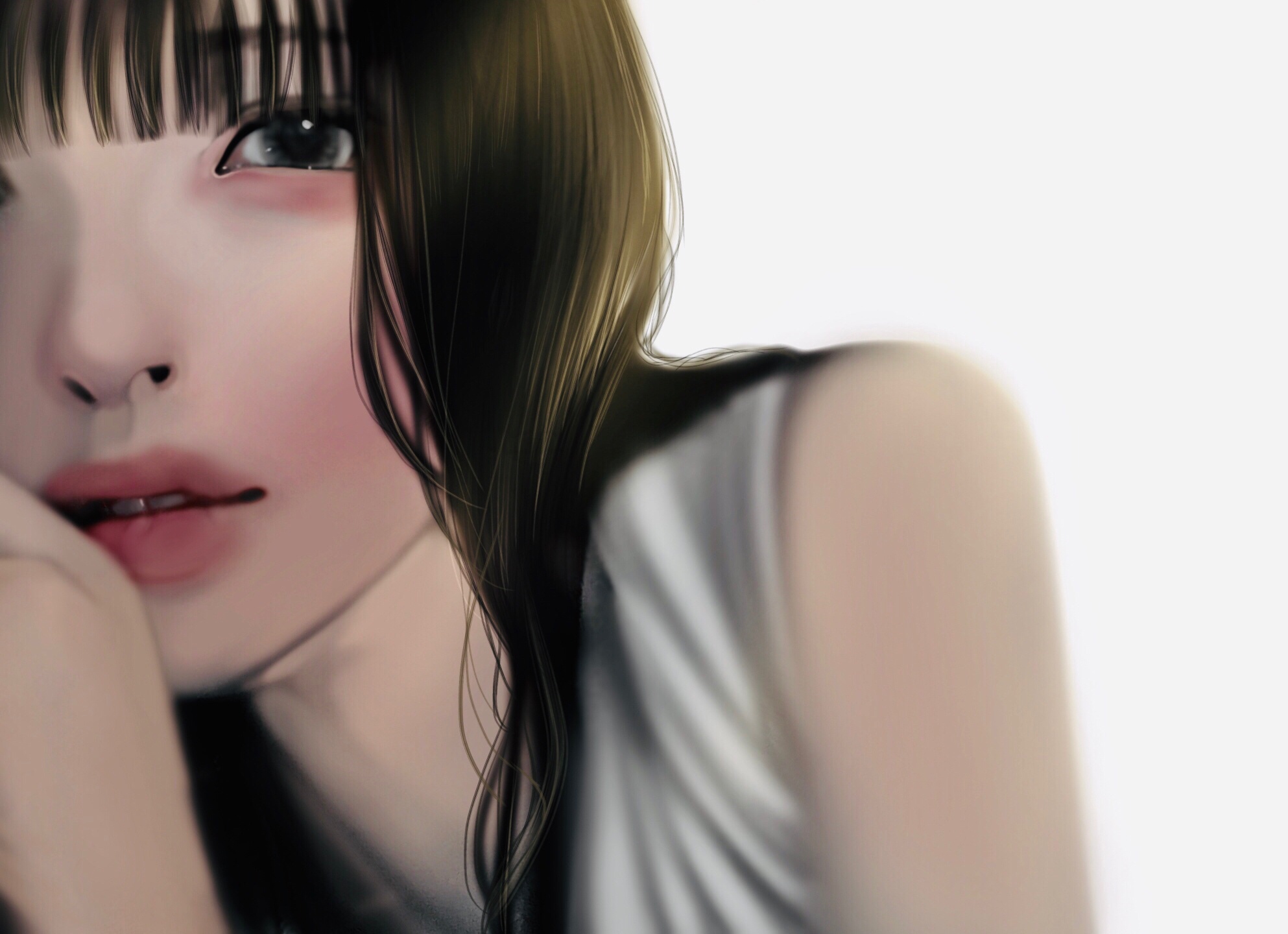Close-up of a young woman's face with bangs HD Wallpaper
