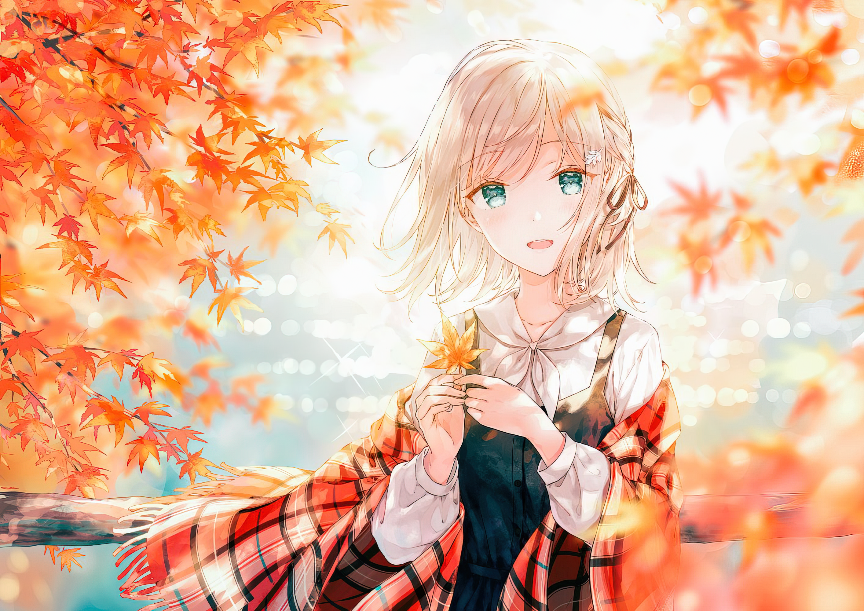 Anime girl with blonde hair holding a maple leaf HD Wallpaper