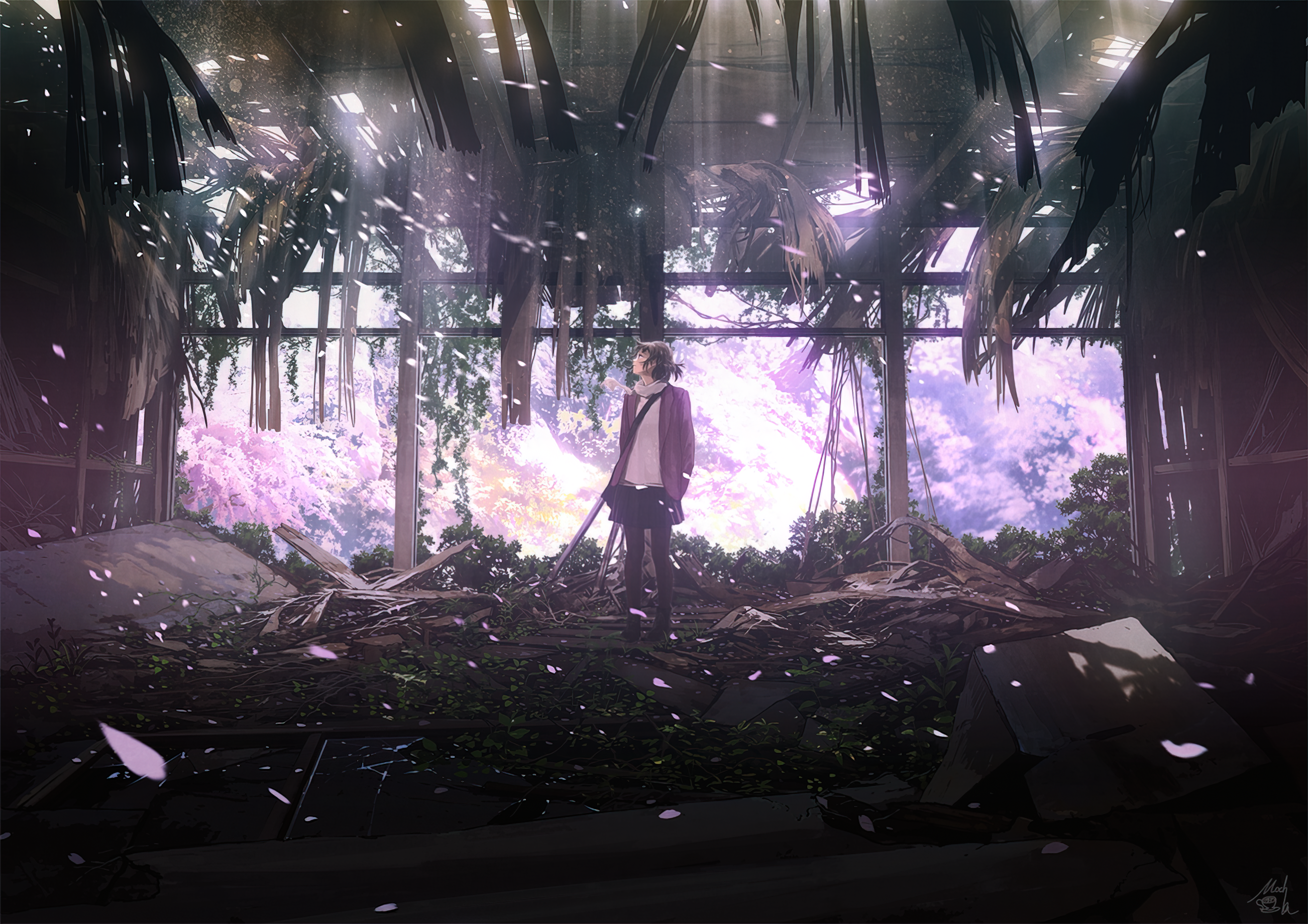 Girl standing in a ruined building with pink flowers HD Wallpaper