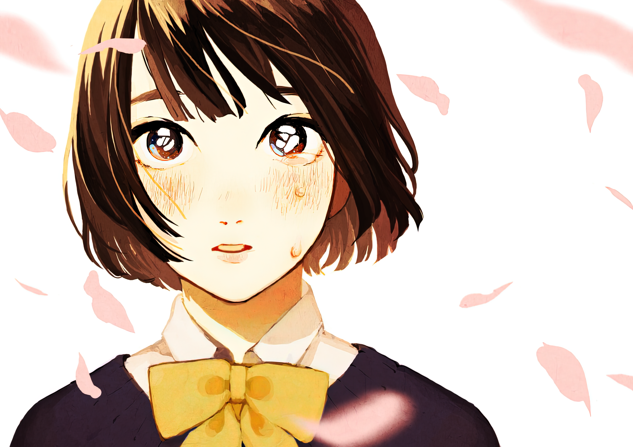 Anime girl with brown hair and yellow bow HD Wallpaper