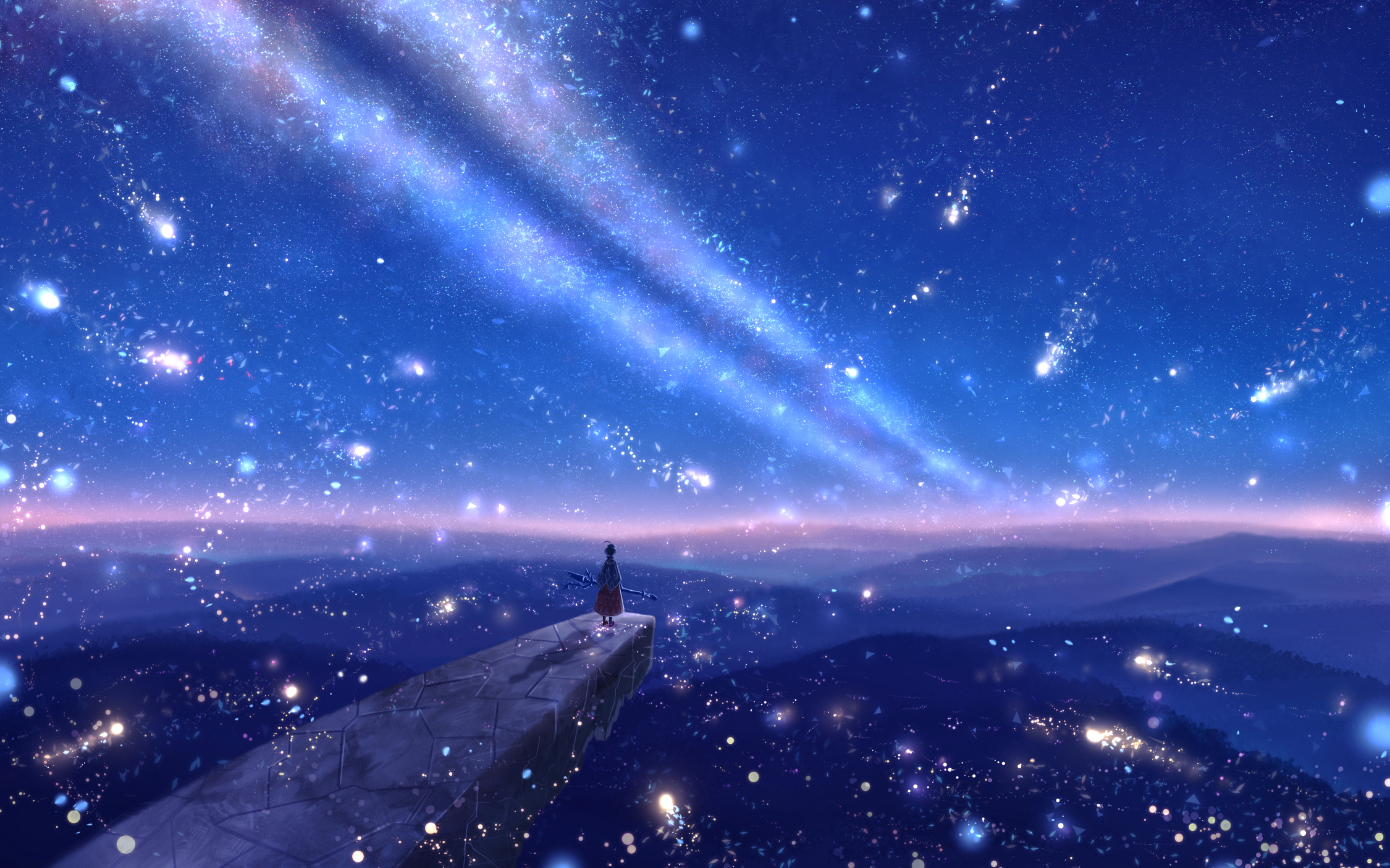 Girl looking at a starry sky over a city HD Wallpaper