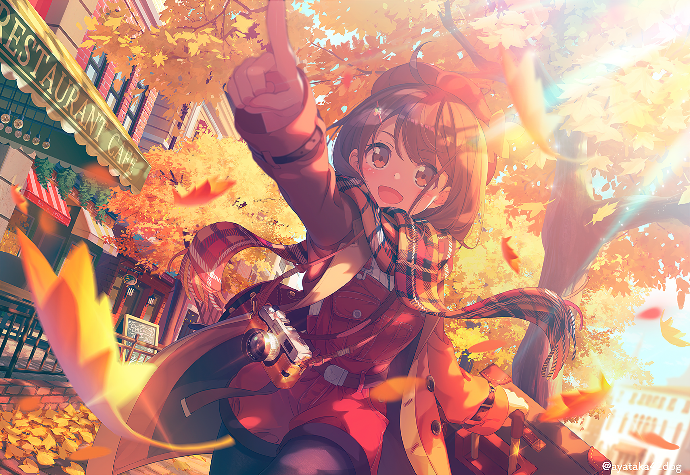 Girl in Autumn Street with Camera HD Wallpaper