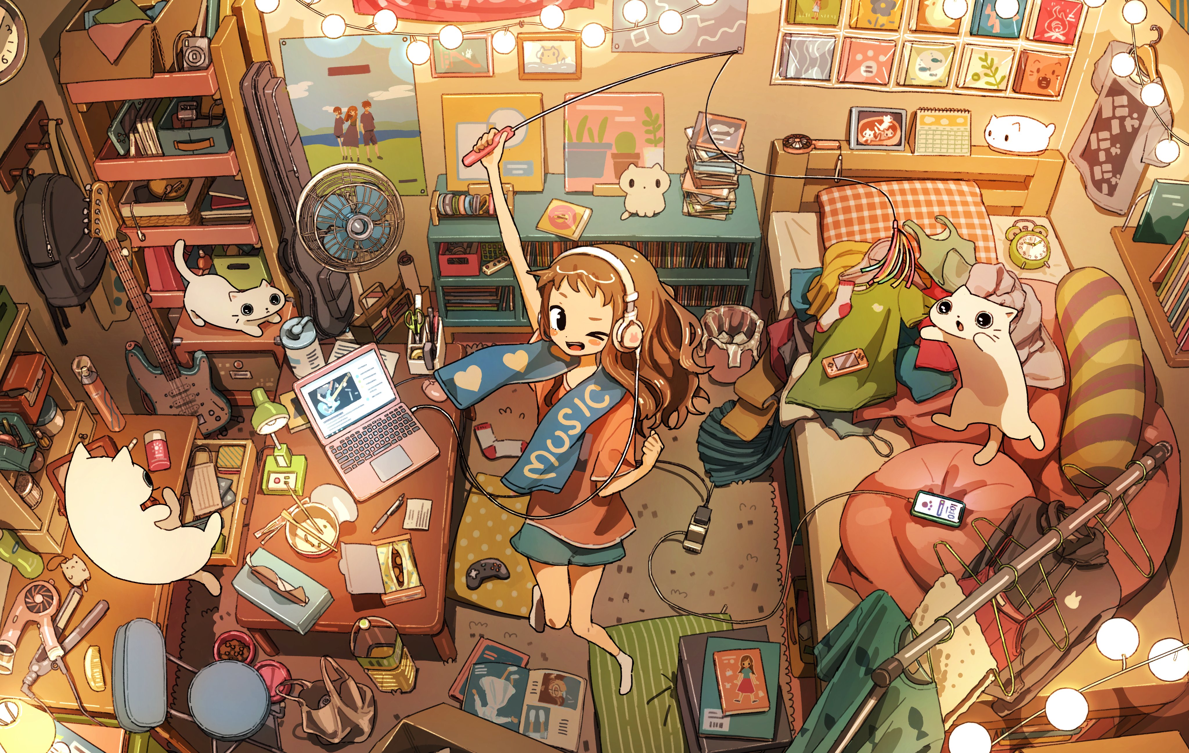 Girl listening to music in a messy room HD Wallpaper