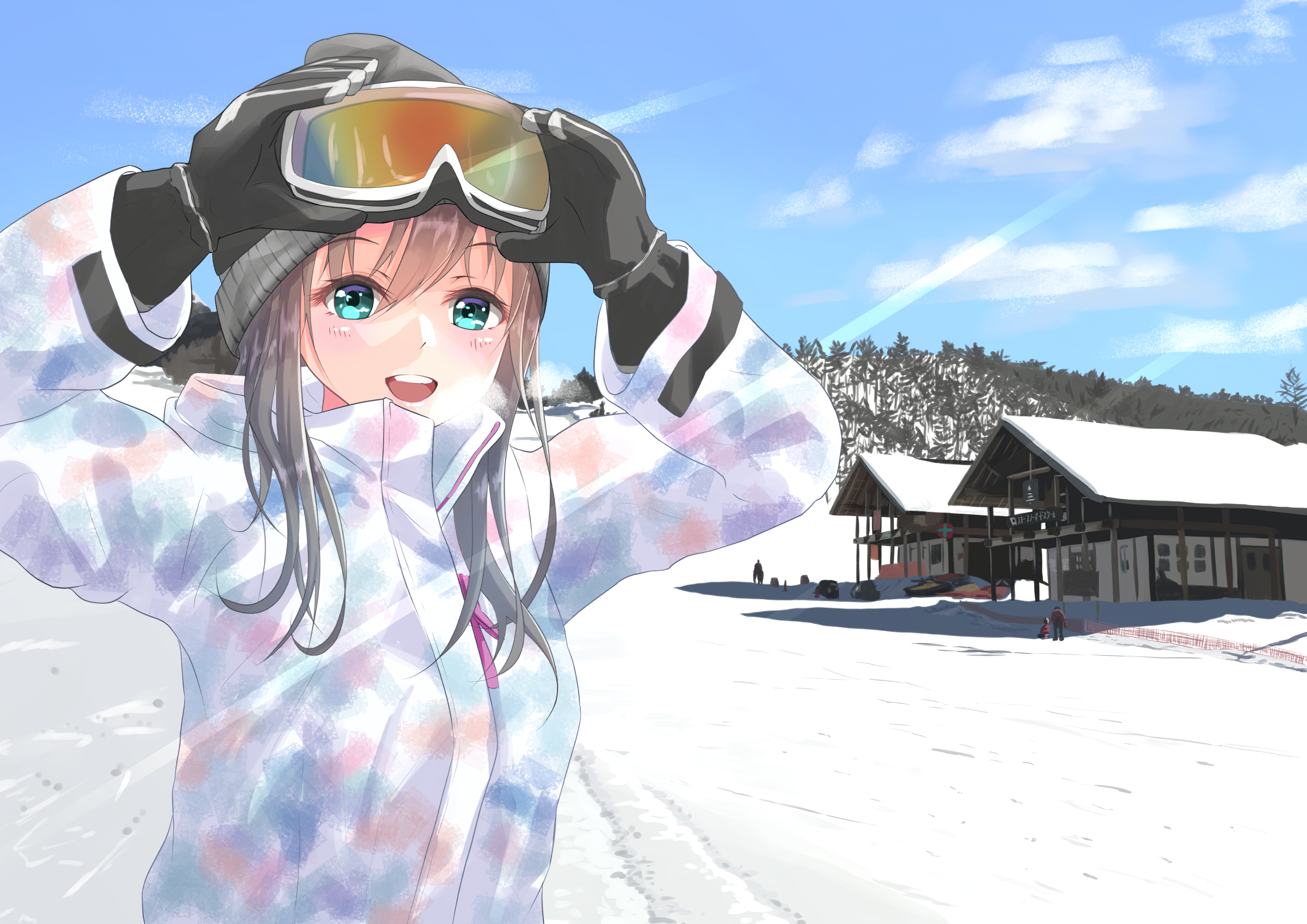 Girl in ski gear adjusting goggles on a snowy day HD Wallpaper