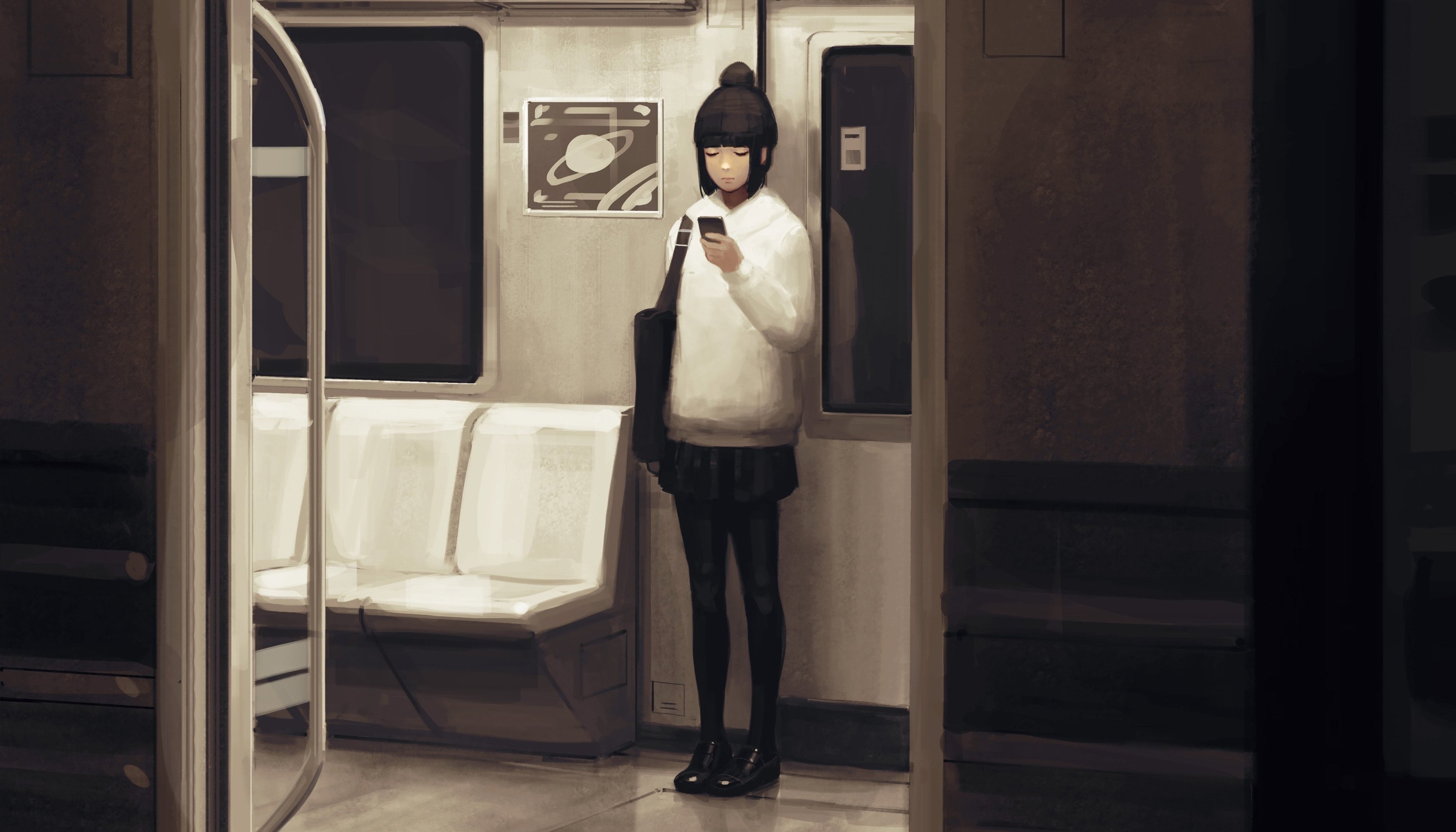 Girl on a train looking at her phone HD Wallpaper