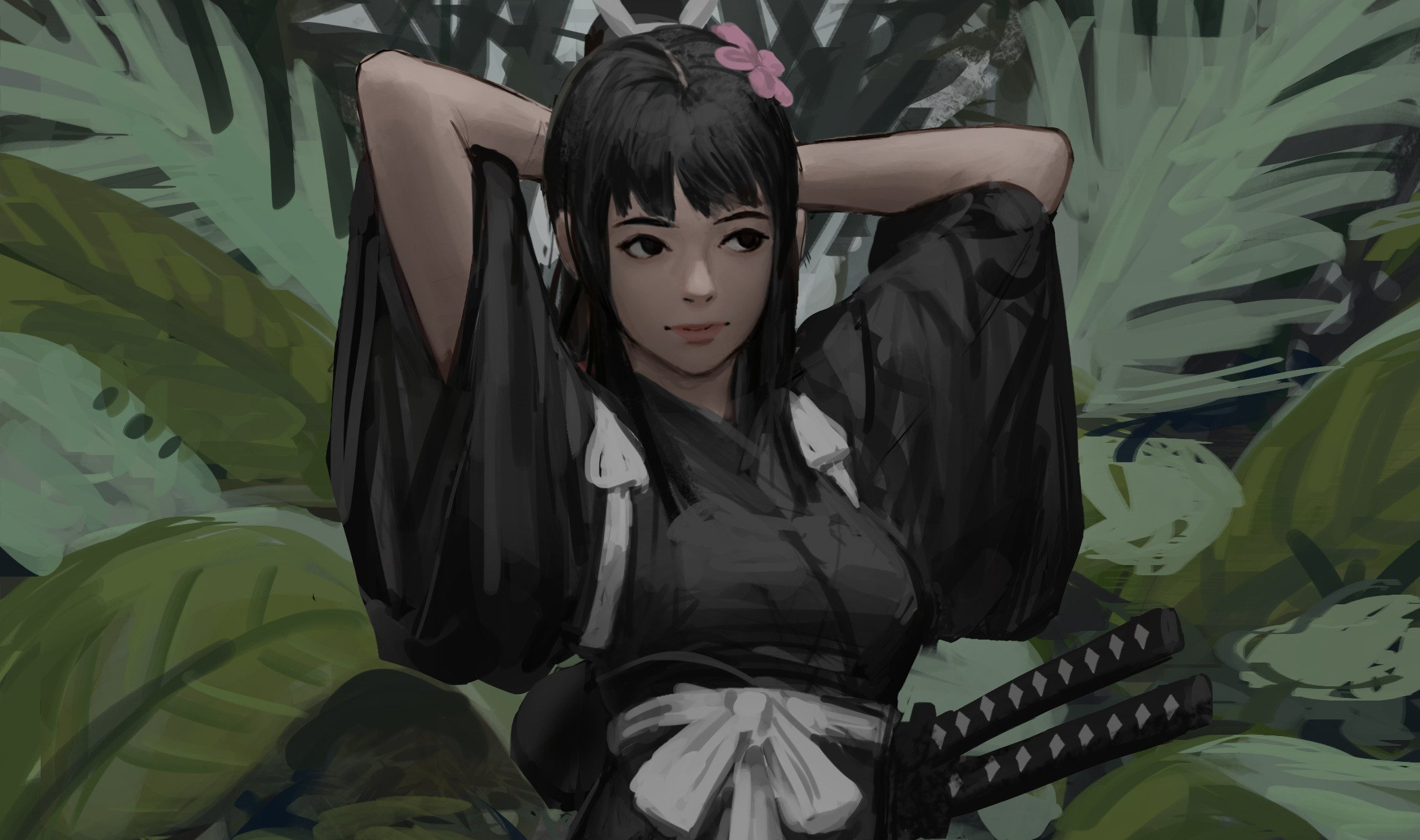 Girl in black kimono with swords HD Wallpaper