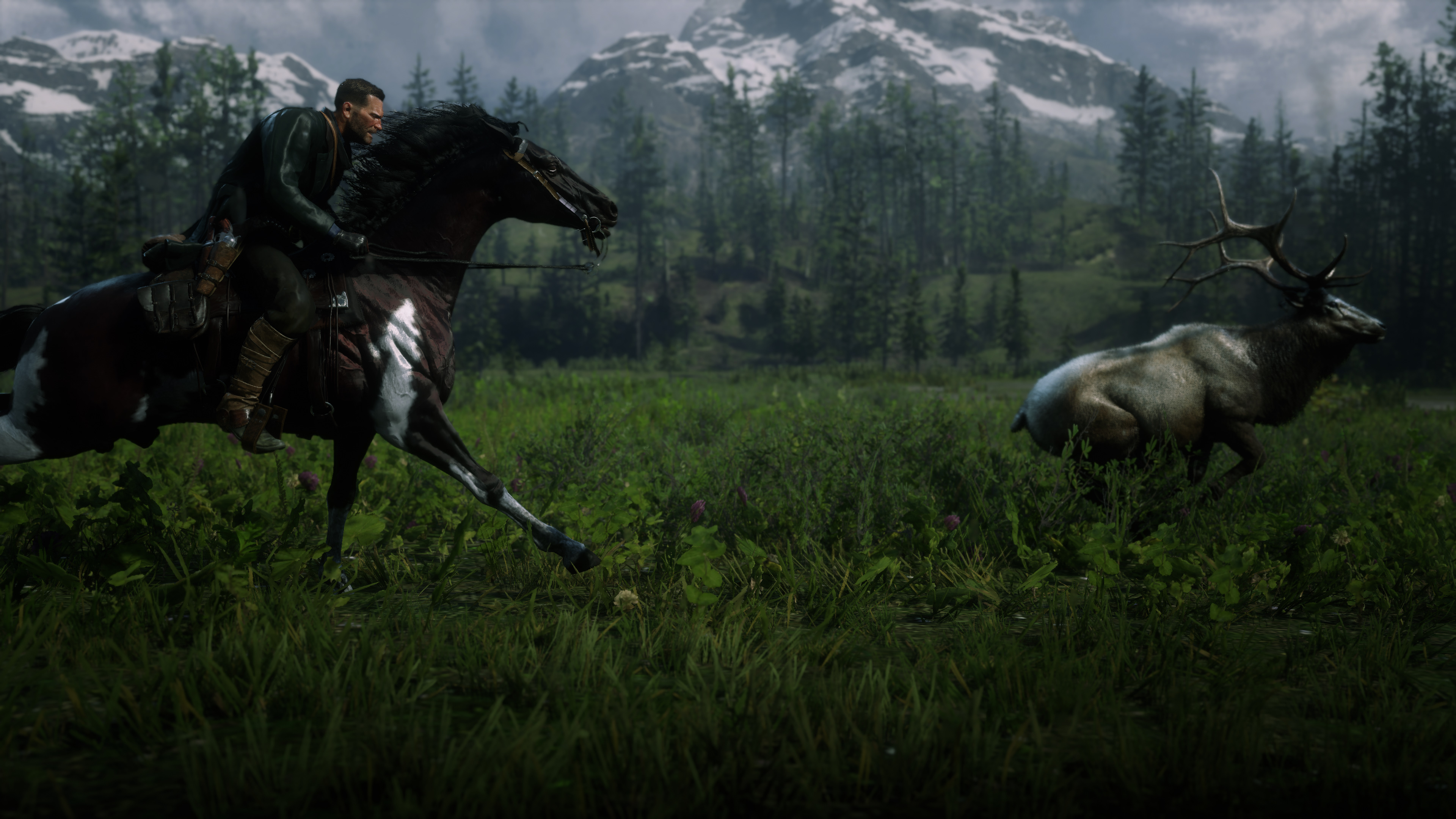 Man on horse chasing elk in Red Dead Redemption 2 4K HD Wallpaper