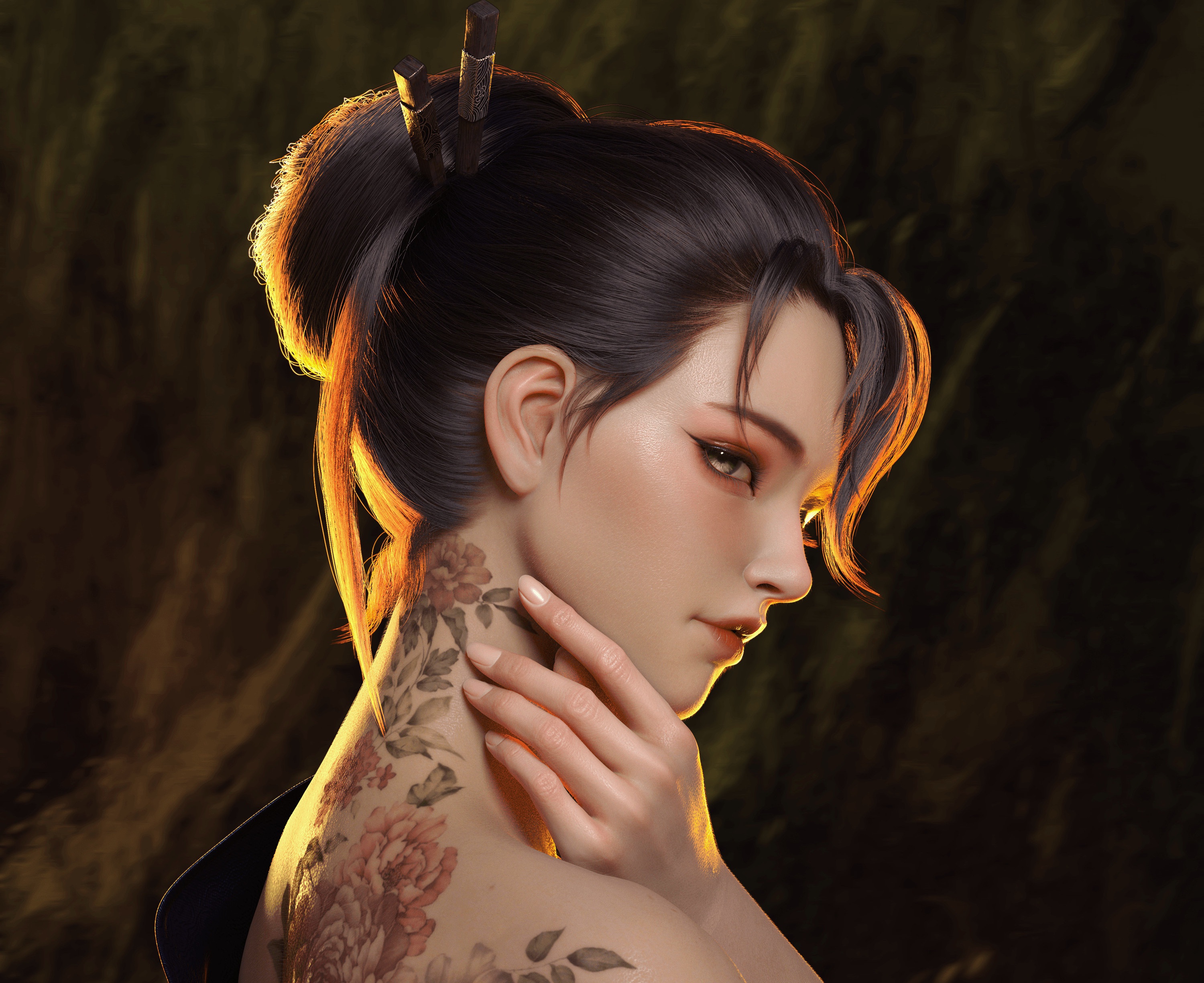 Woman with floral neck tattoo HD Wallpaper