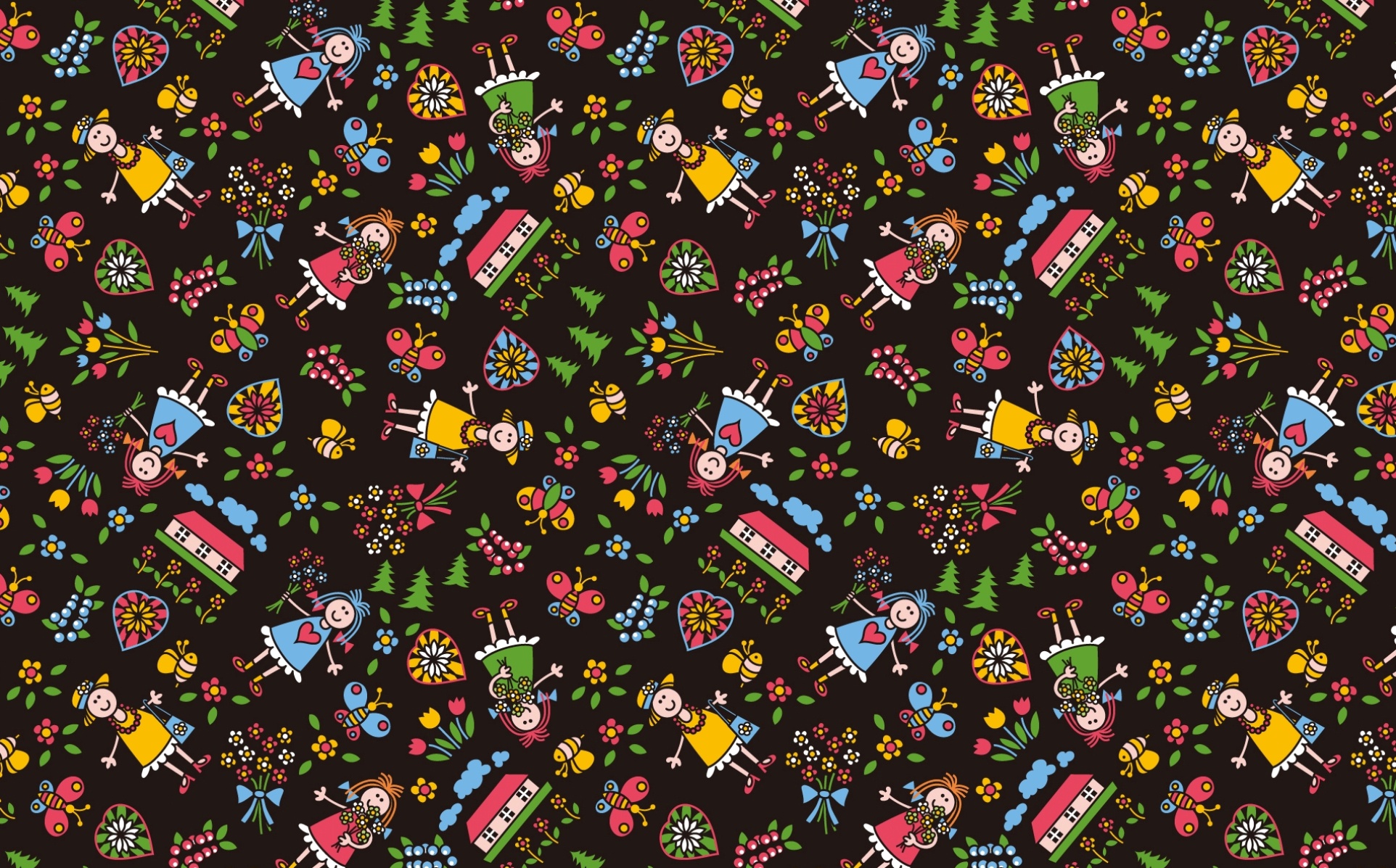 Children's Pattern with Flowers and Butterflies HD Wallpaper