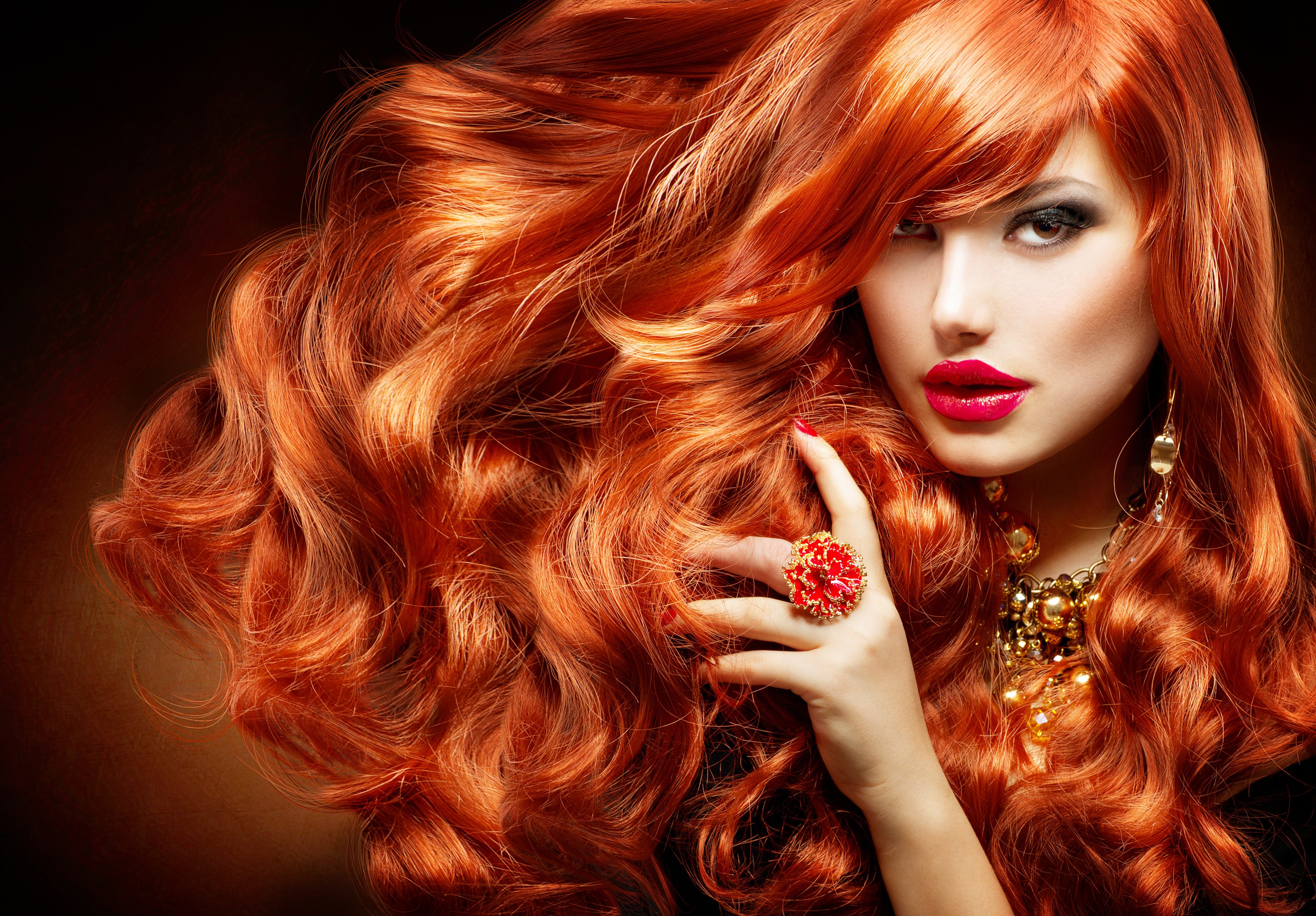 Woman with long red hair and red lipstick HD Wallpaper