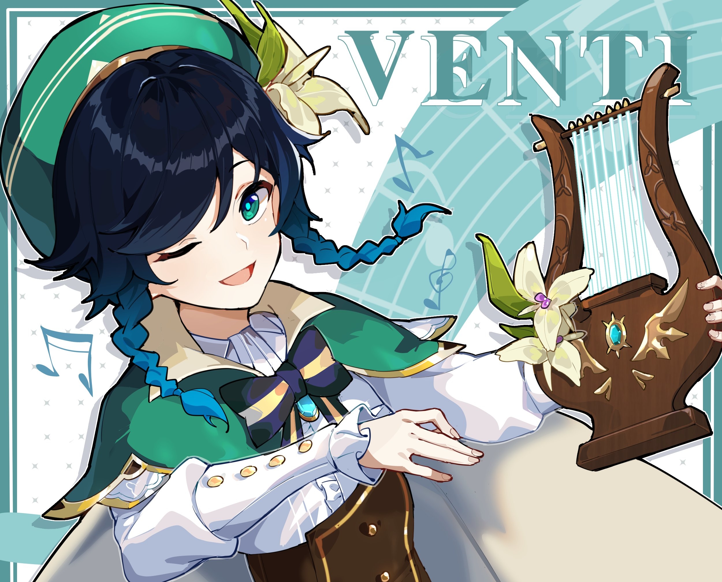 Venti from Genshin Impact with a harp HD Wallpaper