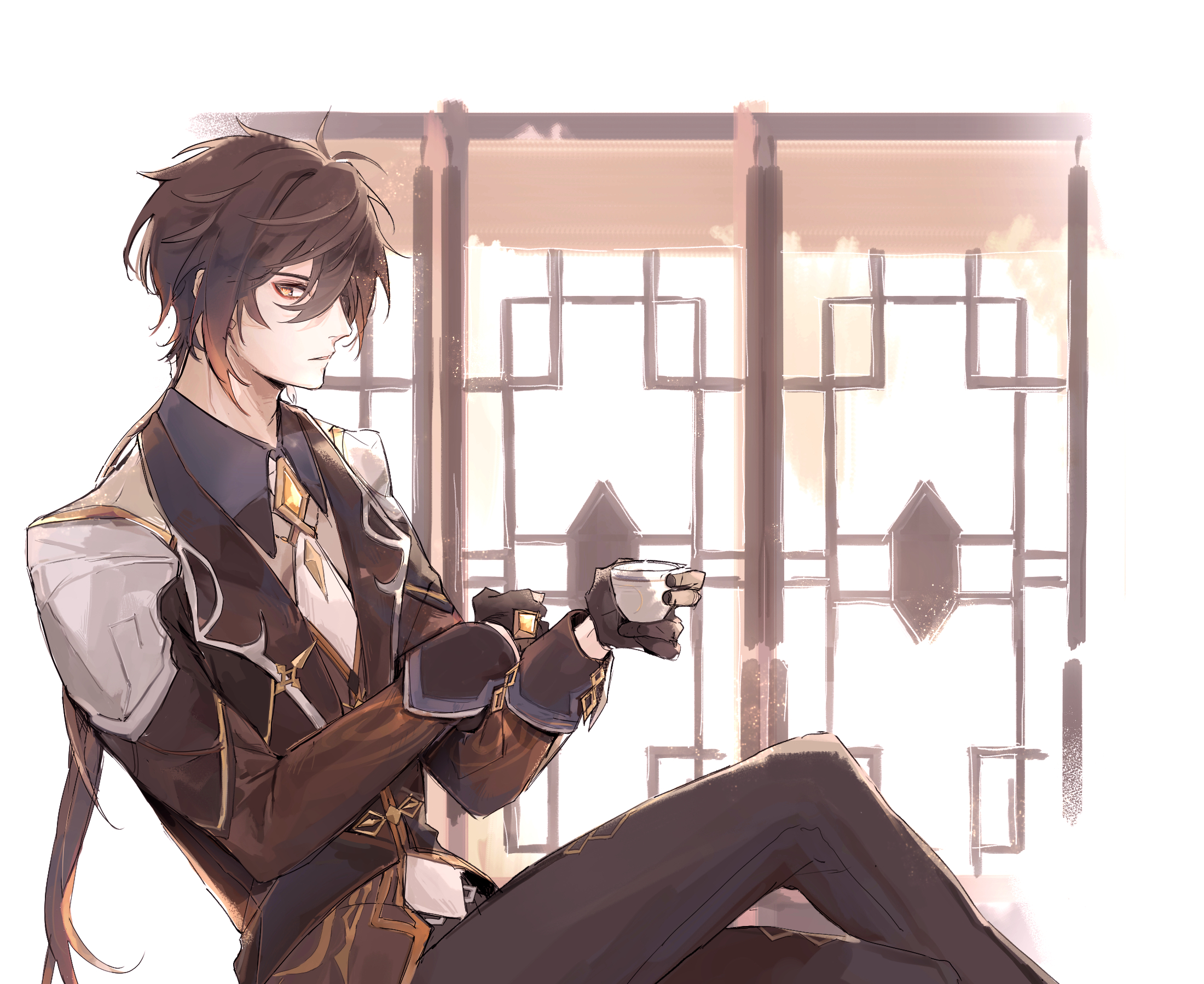 Zhongli from Genshin Impact holding a cup HD Wallpaper