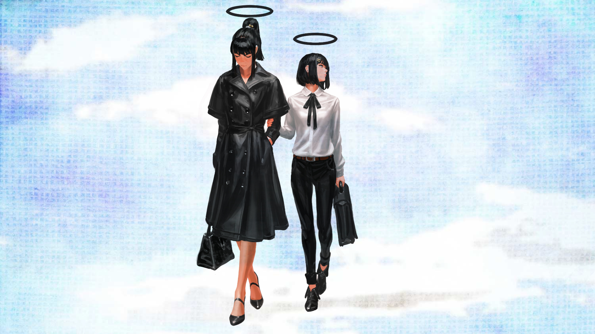 Two women with halos walking in the clouds HD Wallpaper