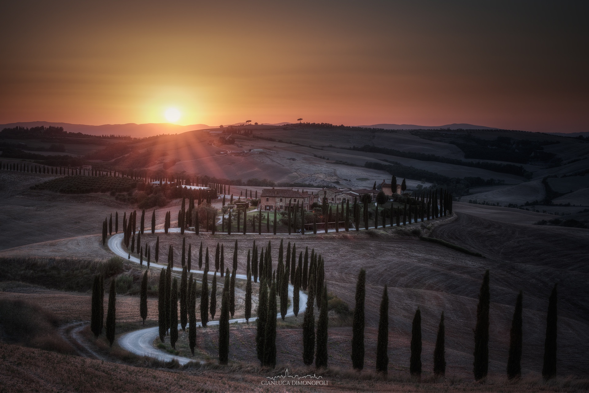 Tuscan Villa with Cypress Trees at Sunset HD Wallpaper