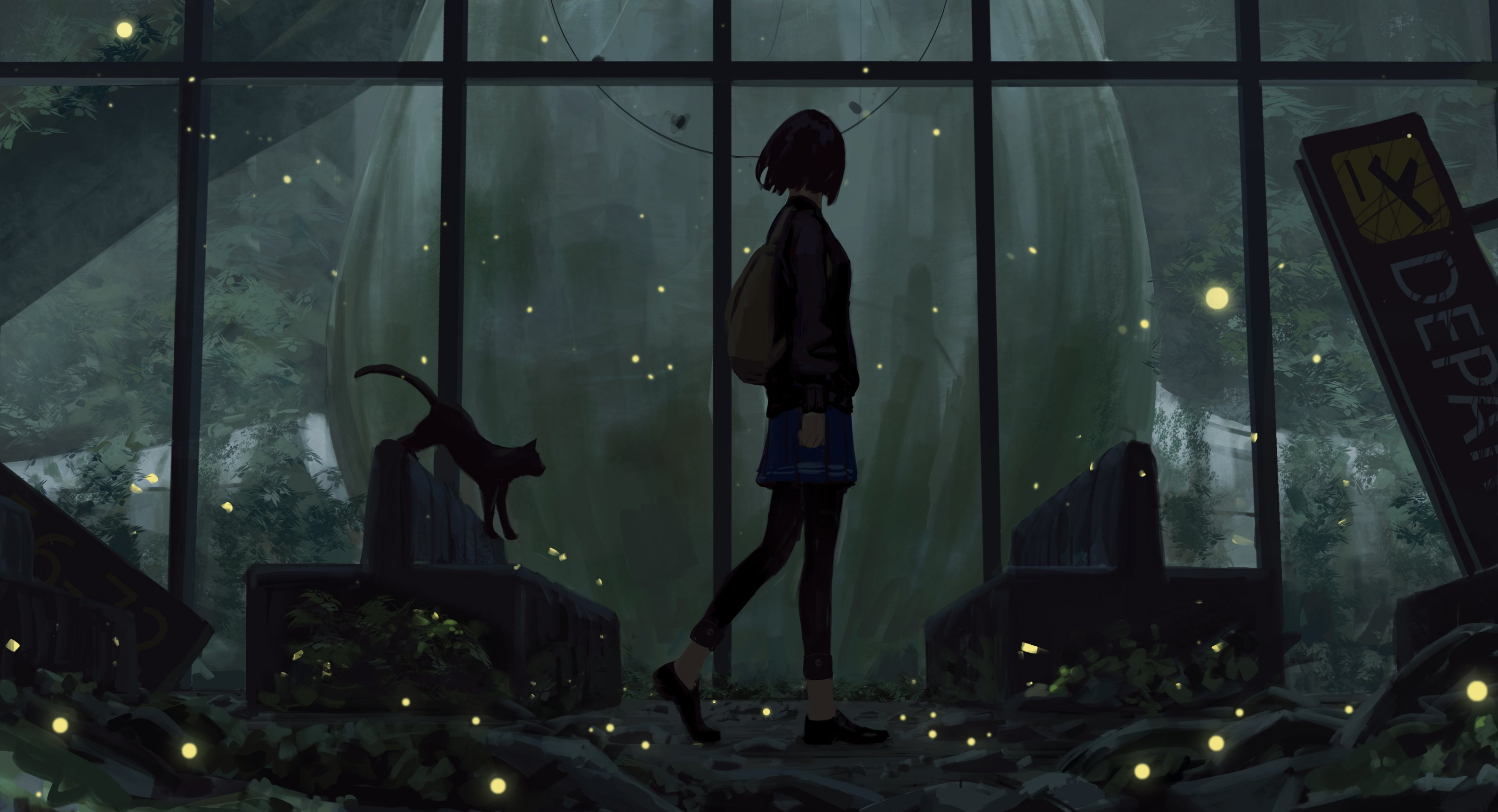 Girl and cat in overgrown airport terminal HD Wallpaper