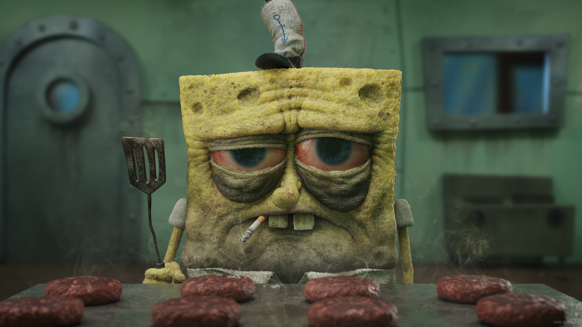 Spongebob Squarepants Smoking While Grilling Burgers HD Wallpaper