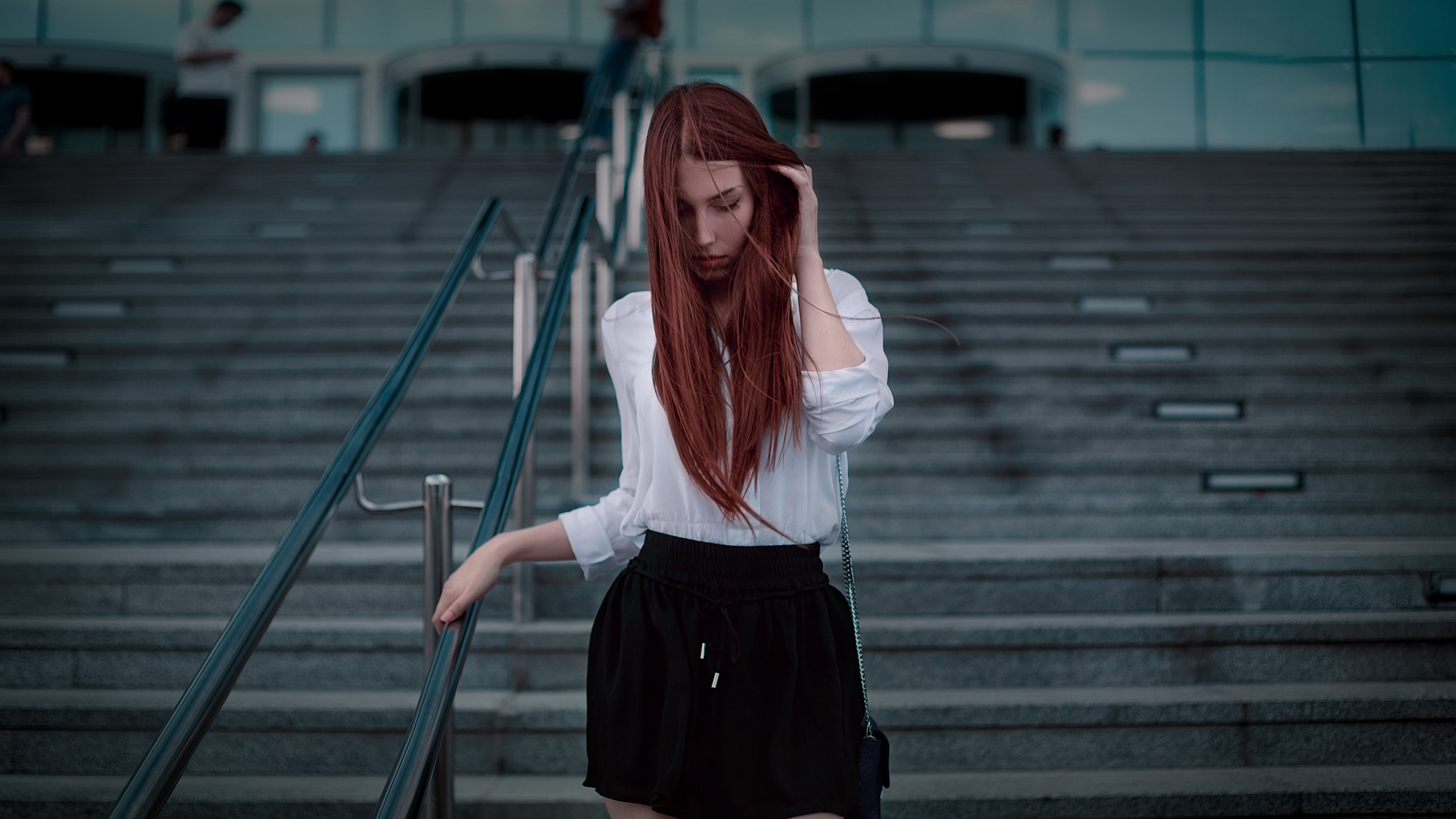 Redhead woman on stairs HD Wallpaper