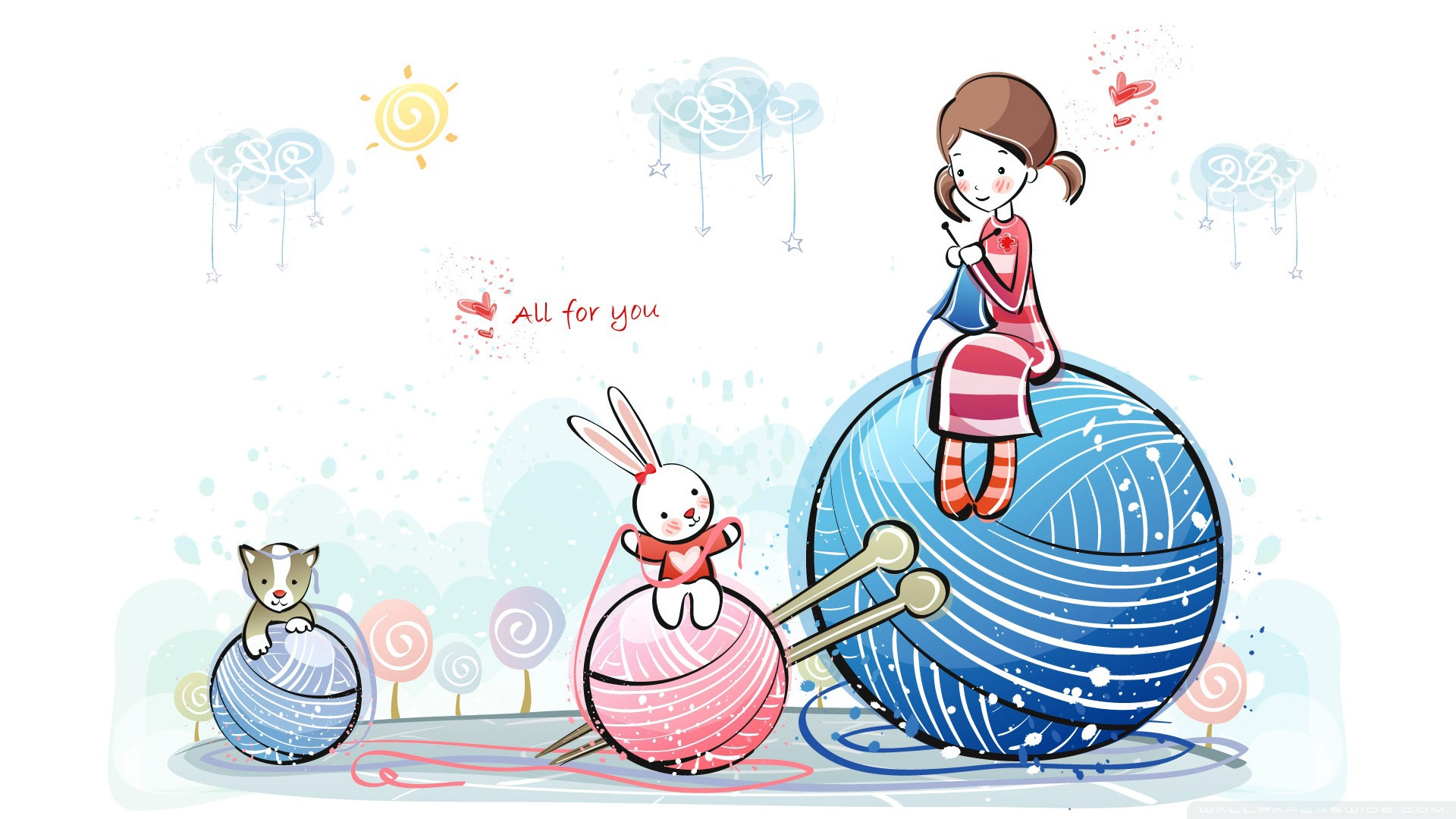 Girl knitting on yarn ball with bunny and cat HD Wallpaper