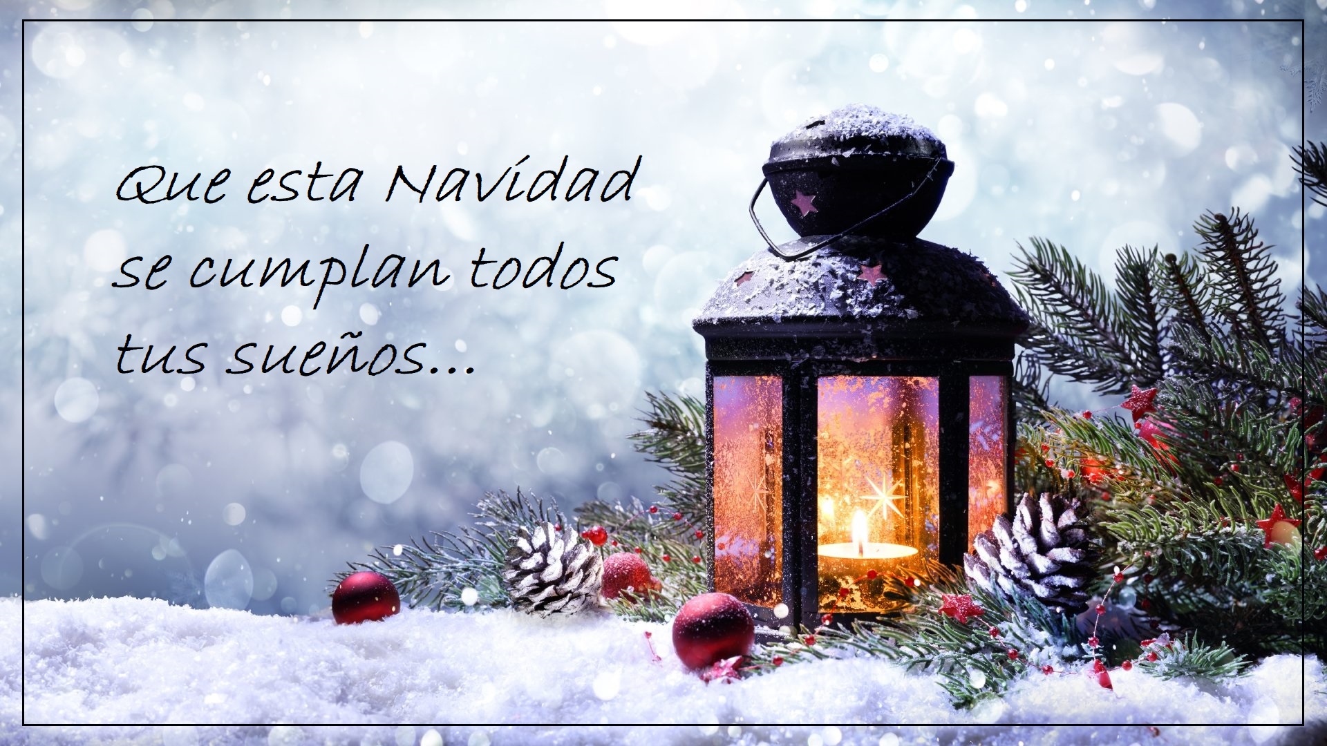Christmas lantern with snow and pine branches HD Wallpaper