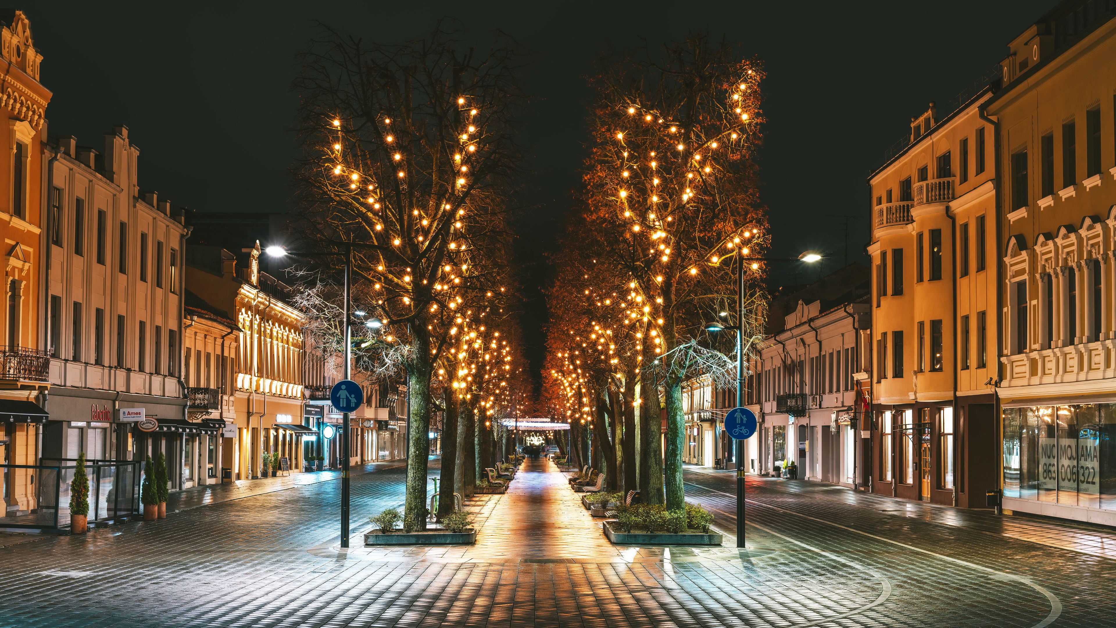 Kaunas, Lithuania street decorated with lights HD Wallpaper