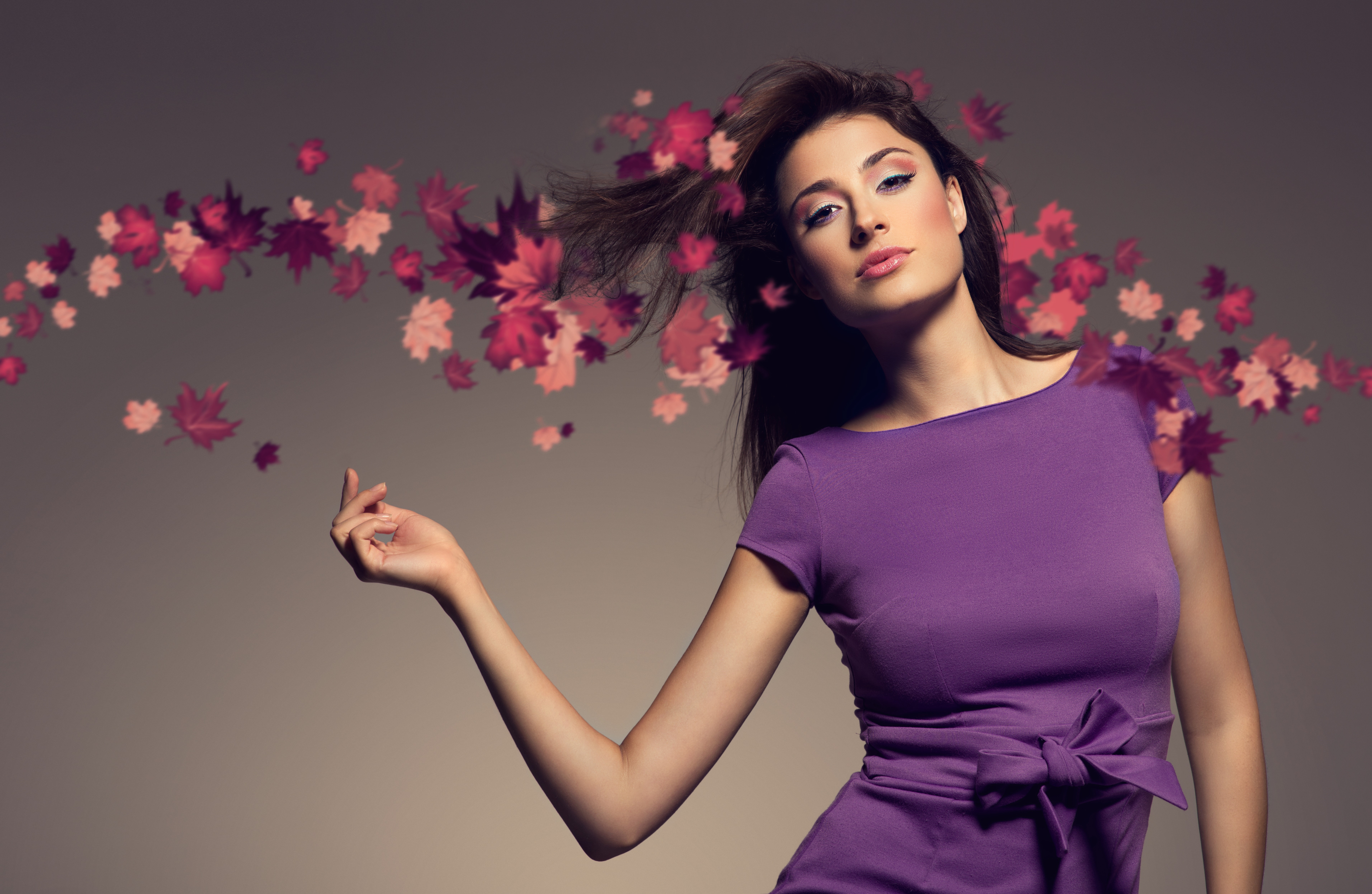 Brunette Woman in Purple Dress with Falling Leaves 4K HD Wallpaper