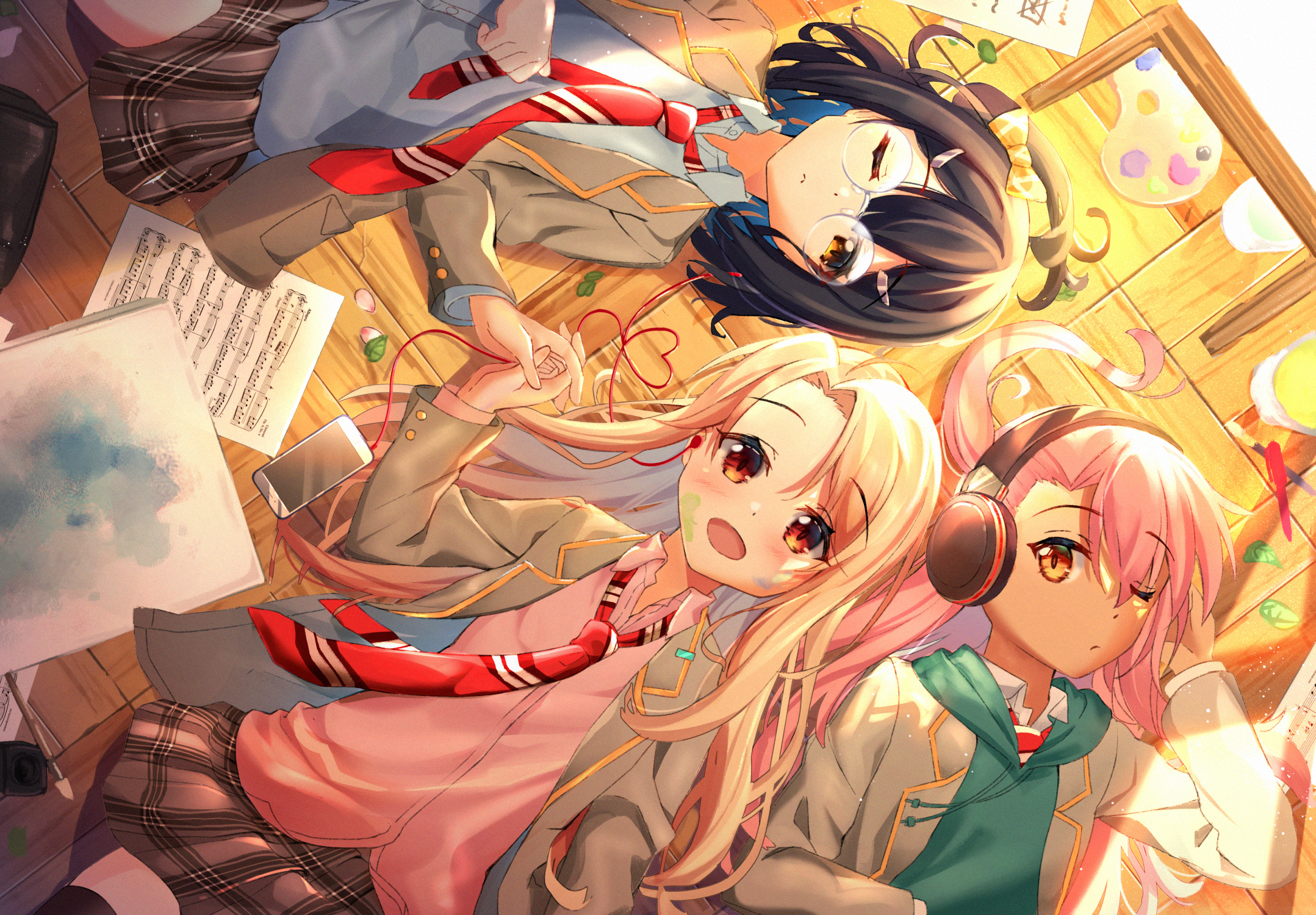 Three girls in school uniforms lying down HD Wallpaper