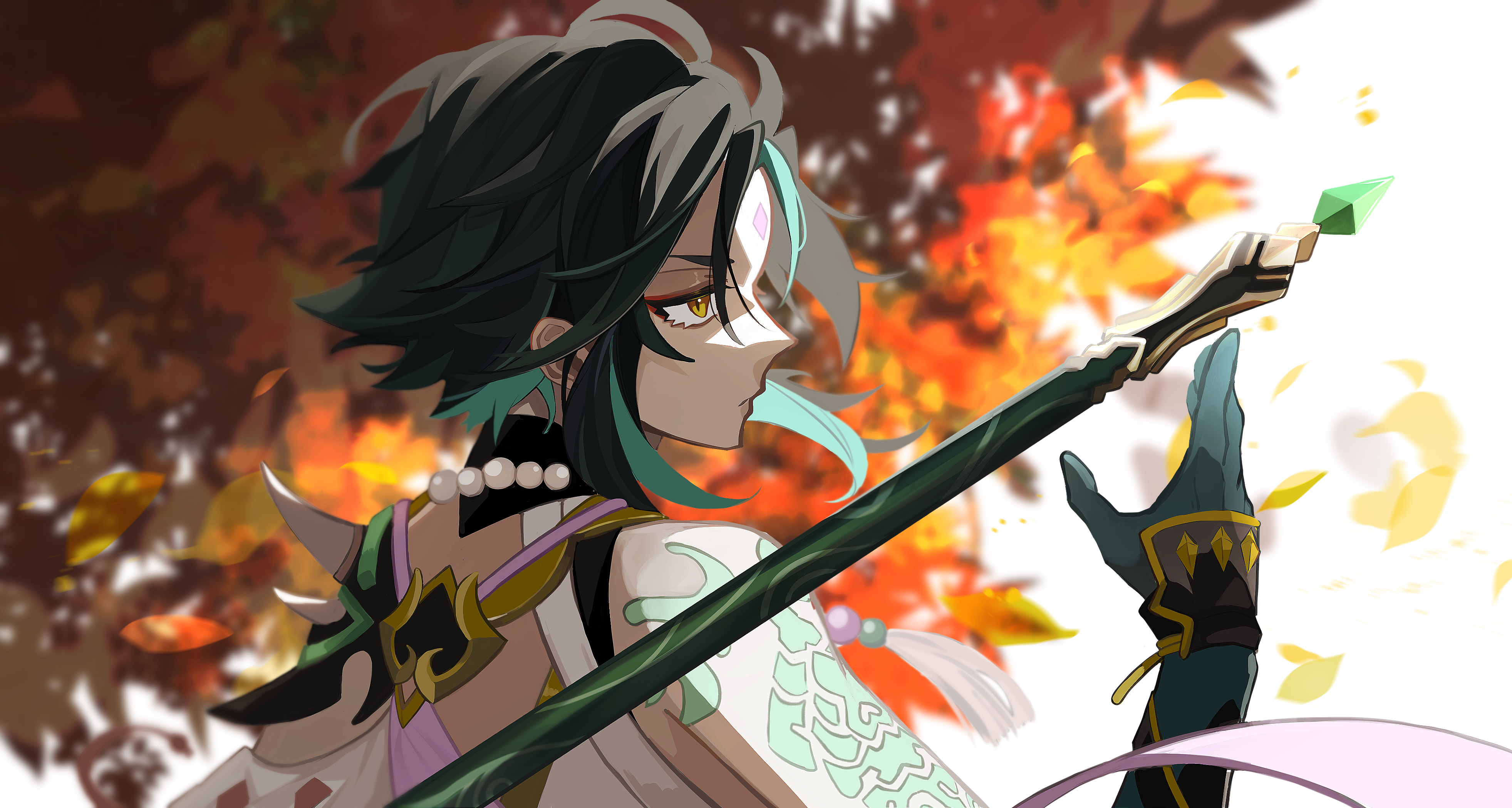 Xiao from Genshin Impact with a polearm HD Wallpaper