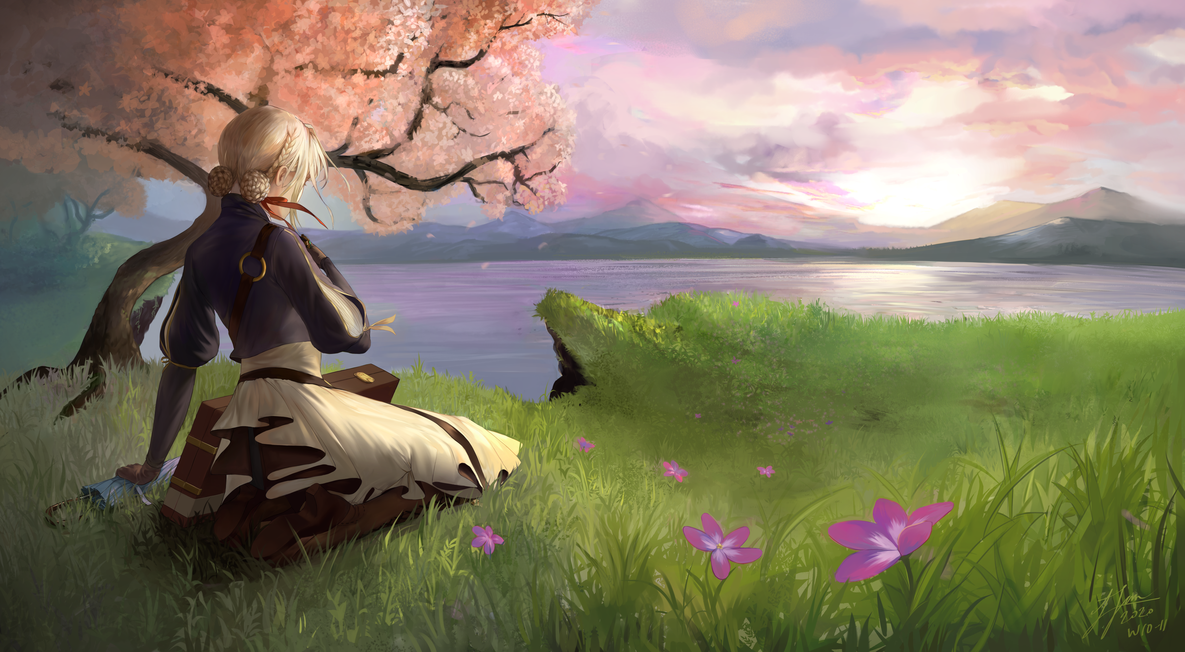 Violet Evergarden by a lake at sunset HD Wallpaper