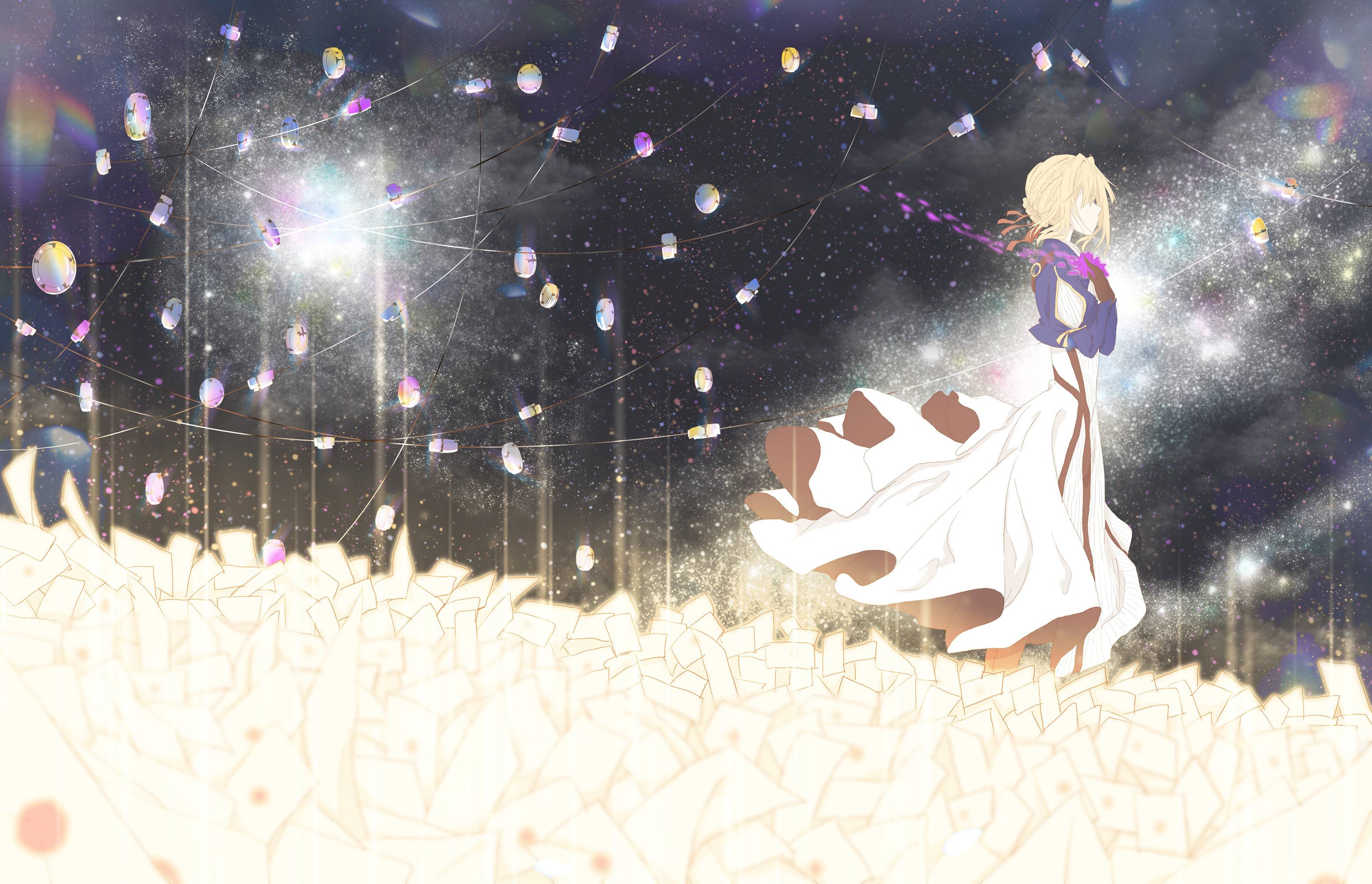 Violet Evergarden in a field of letters with floating orbs HD Wallpaper