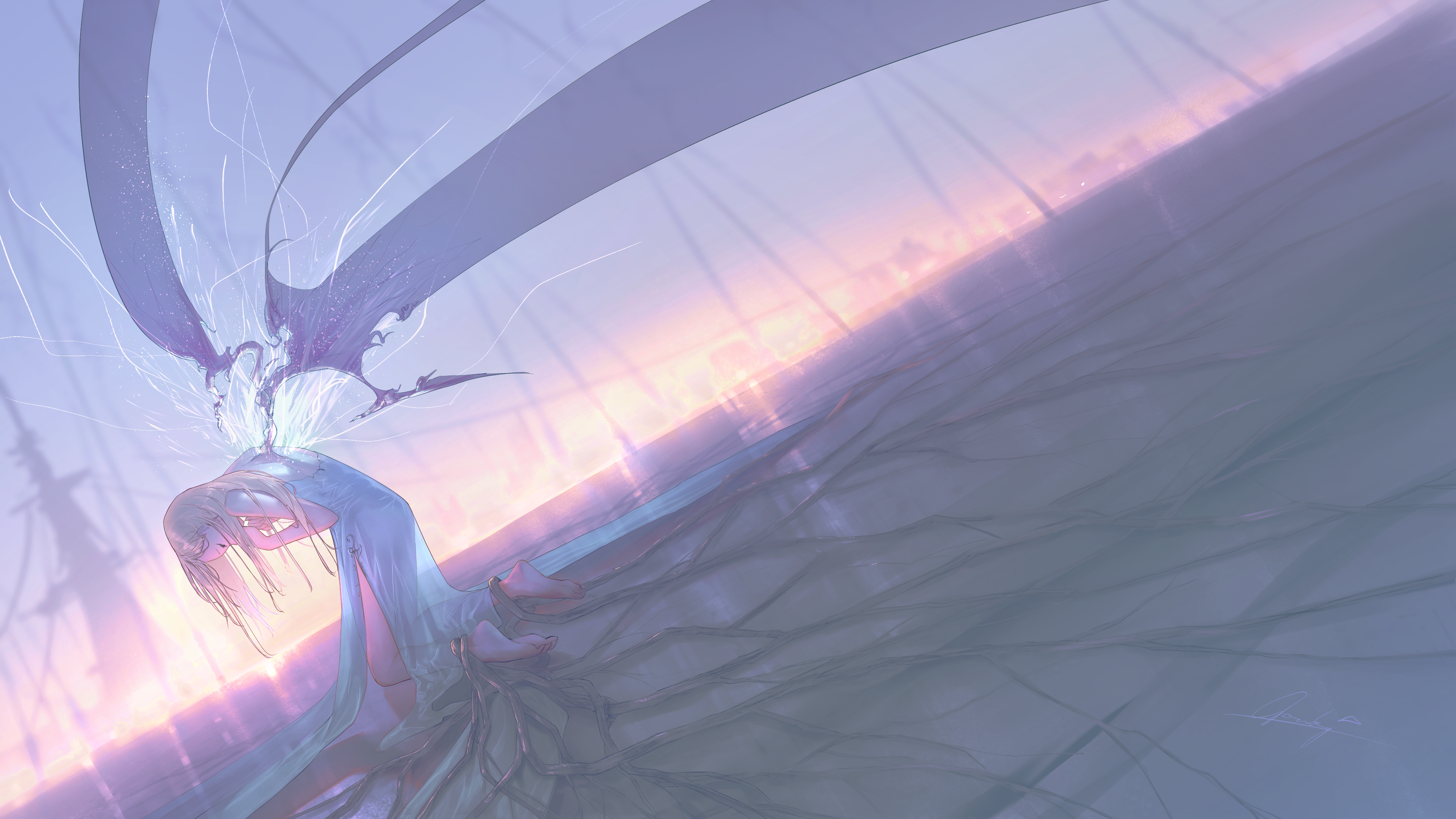 Girl with dark wings in ethereal light HD Wallpaper