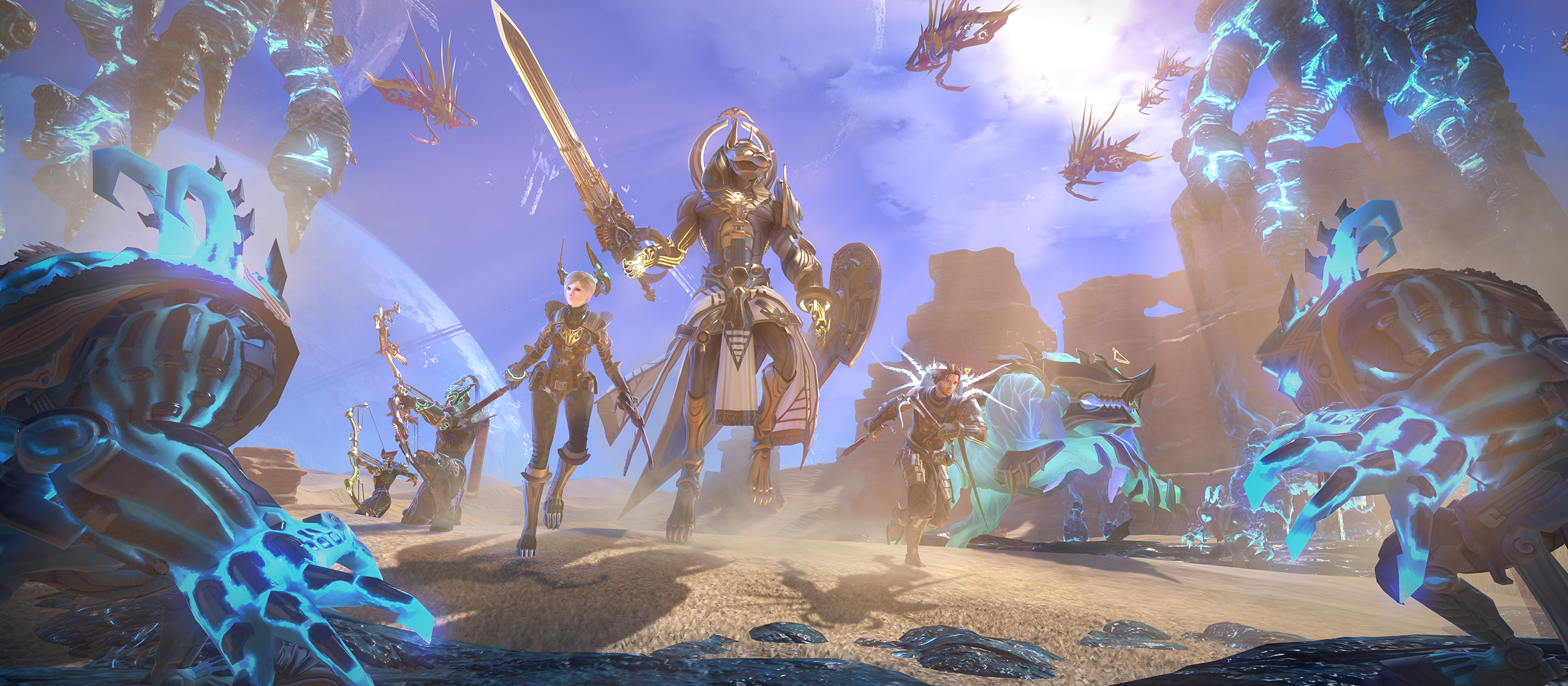 Skyforge characters in a desert landscape HD Wallpaper