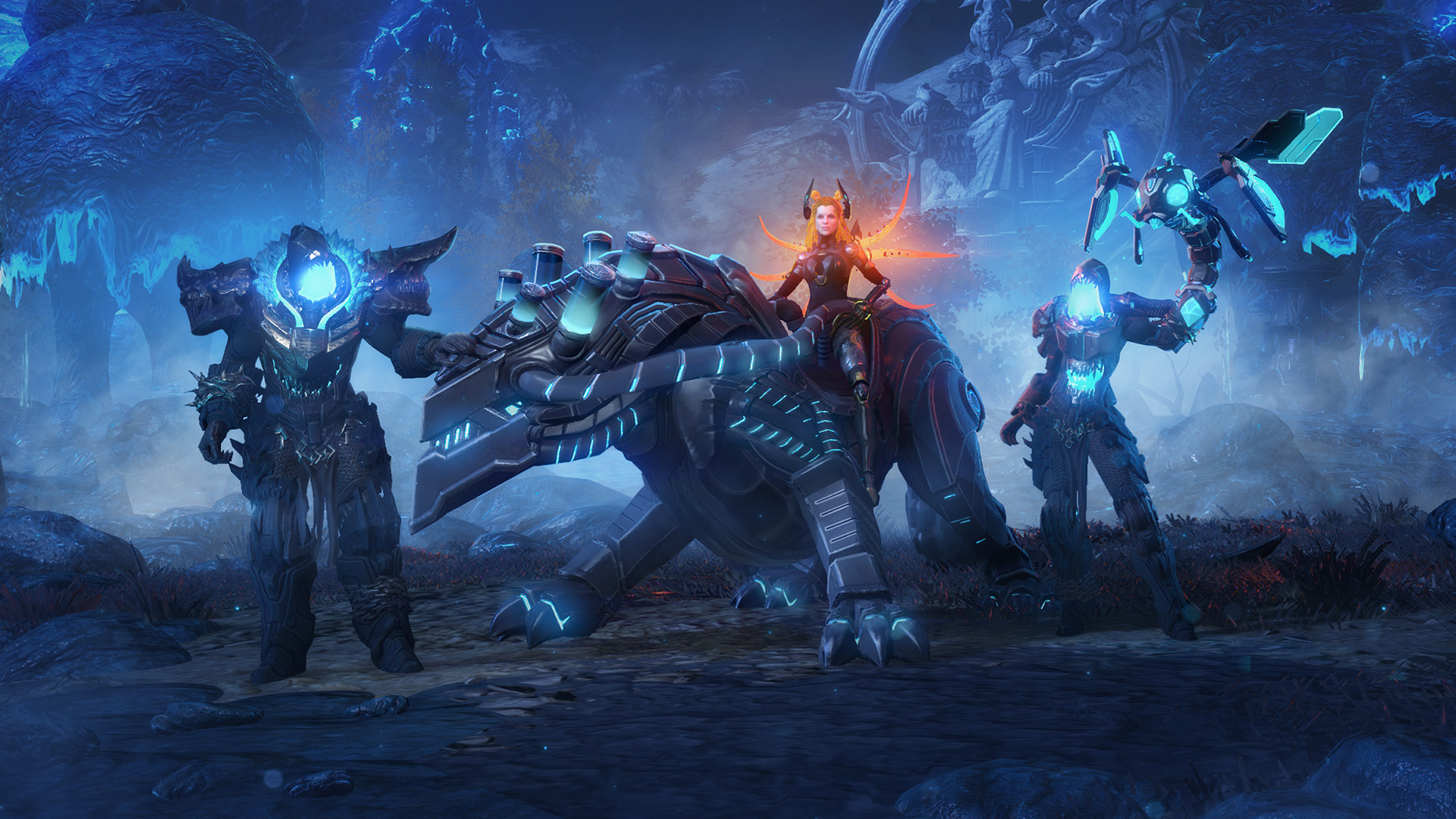 Skyforge characters with a mechanical mount HD Wallpaper
