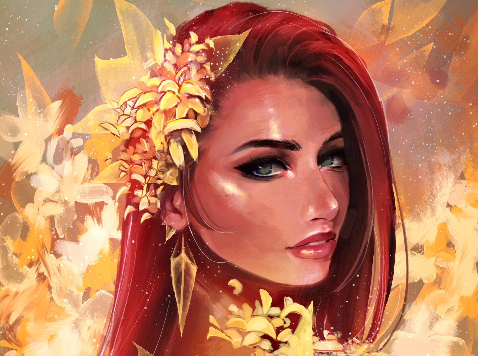 Fantasy Woman with Red Hair and Yellow Flowers HD Wallpaper