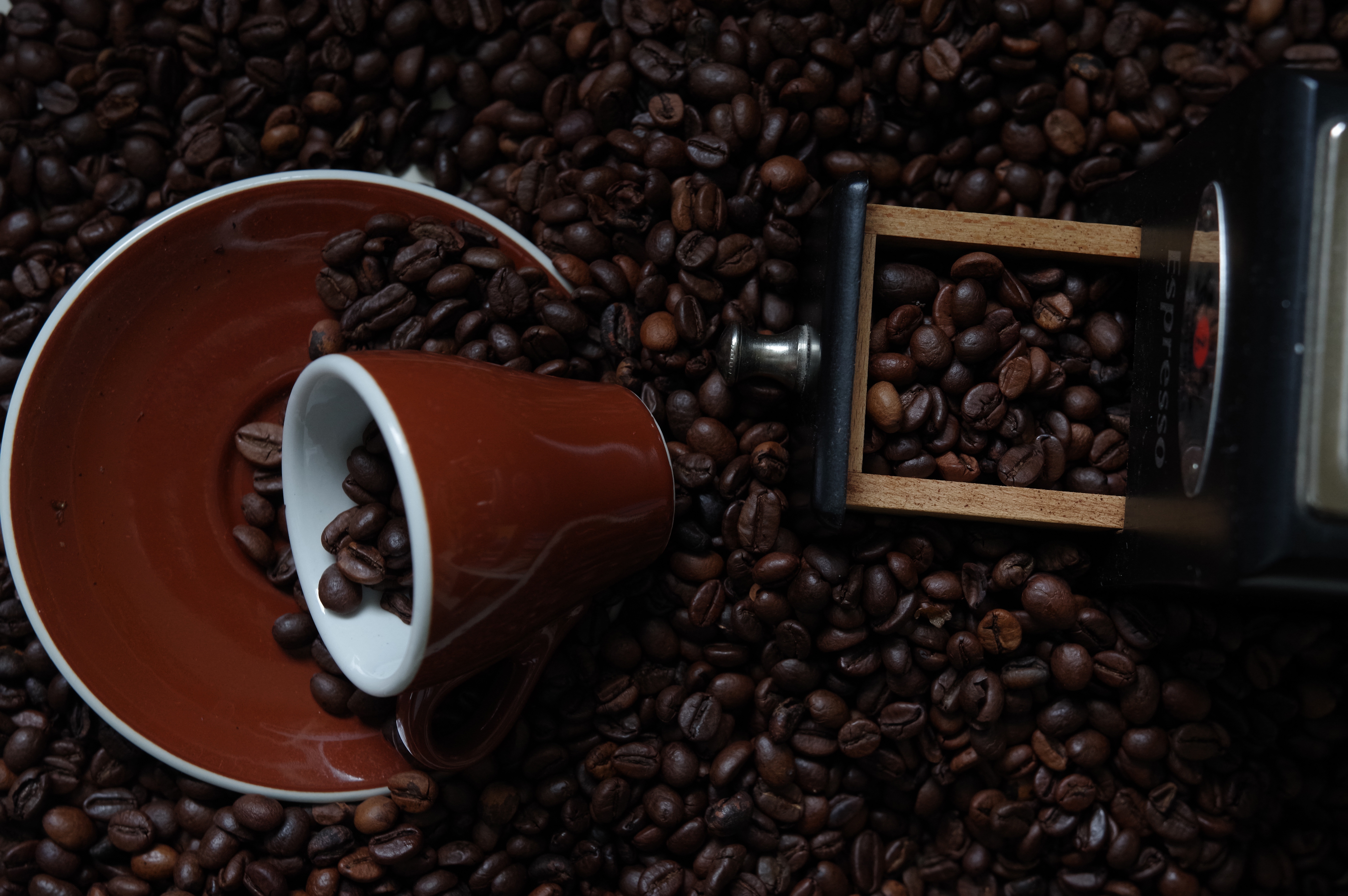 Coffee beans with espresso cup and saucer HD Wallpaper