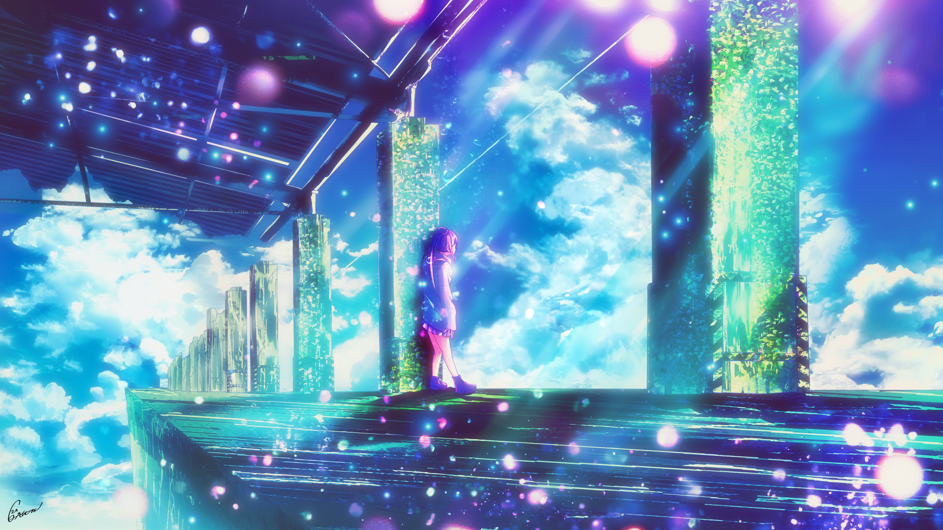 Girl standing on a platform with clouds and lights HD Wallpaper