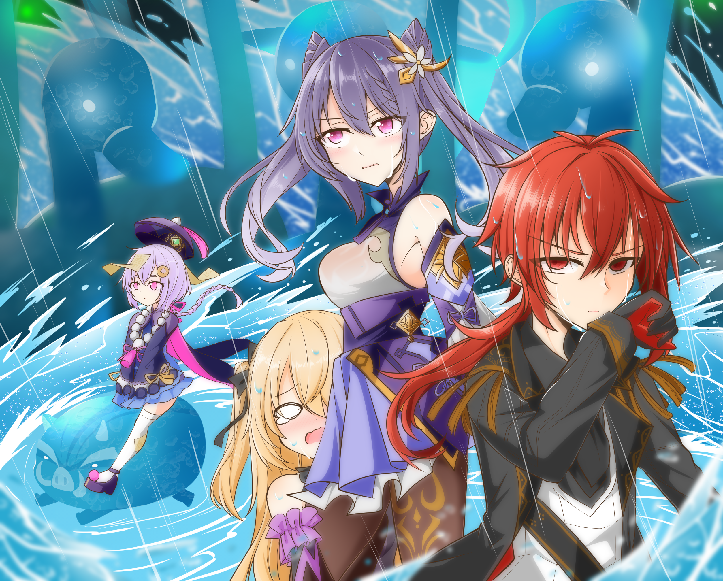 Diluc, Keqing, Qiqi, and Fischl from Genshin Impact in the rain HD Wallpaper