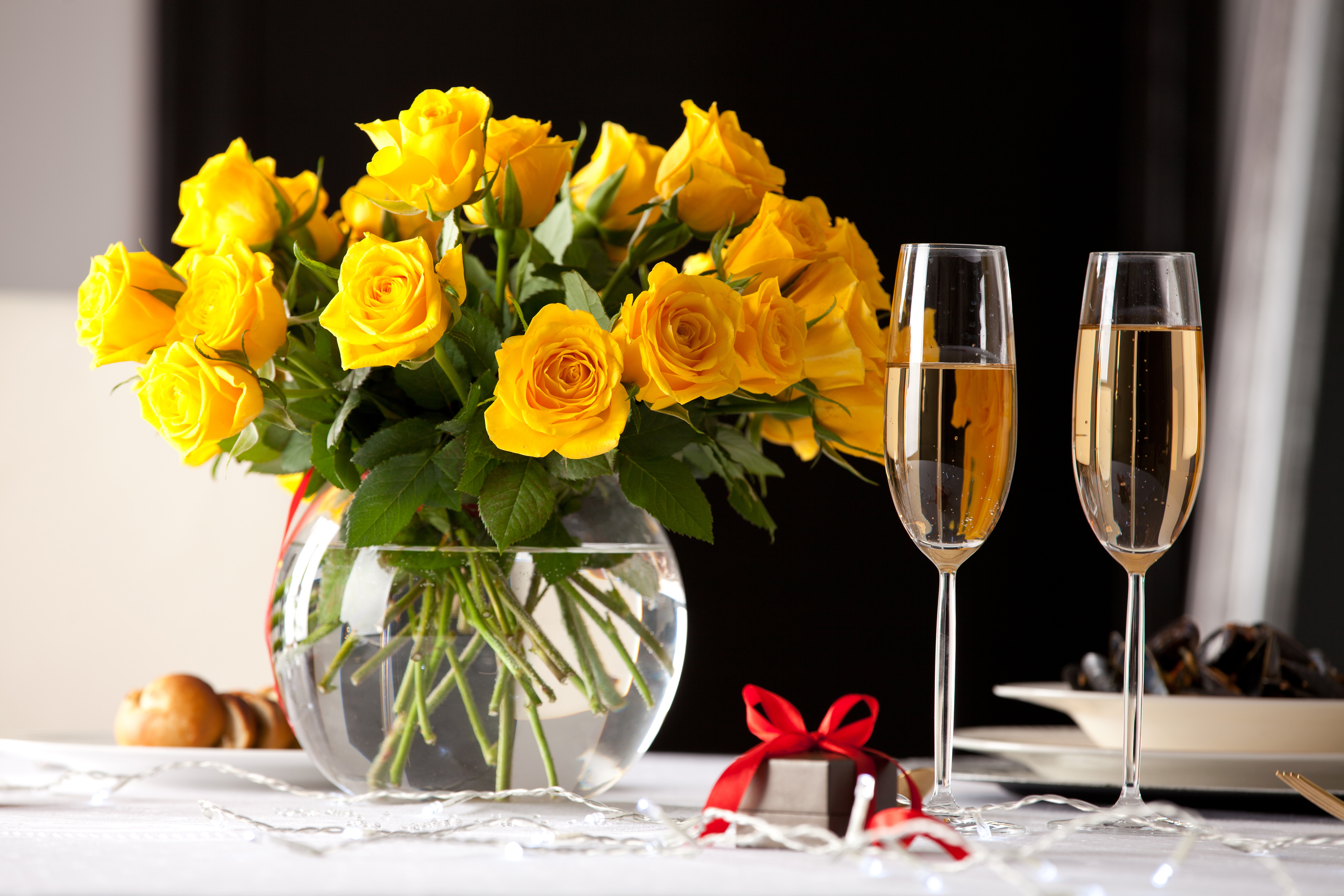 Yellow Roses in Vase with Champagne and Gift HD Wallpaper