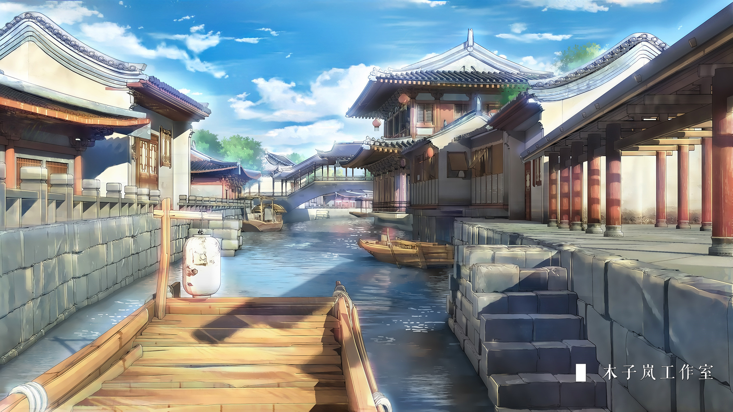 Anime style traditional Chinese canal town with boats HD Wallpaper