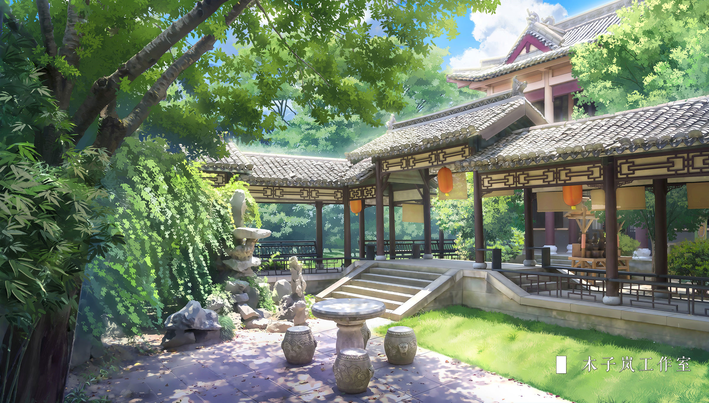Traditional Chinese Courtyard with Garden and Pavilion HD Wallpaper