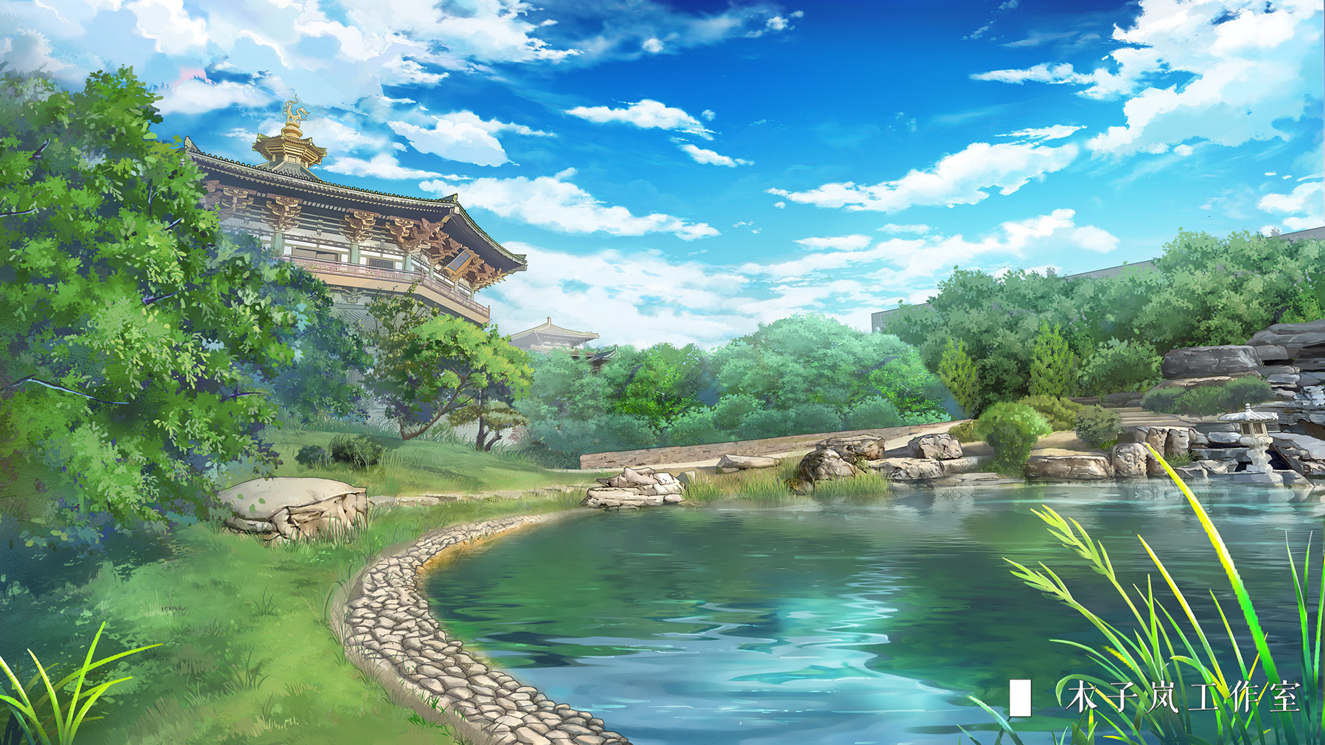 Traditional Asian Temple by a Lake HD Wallpaper