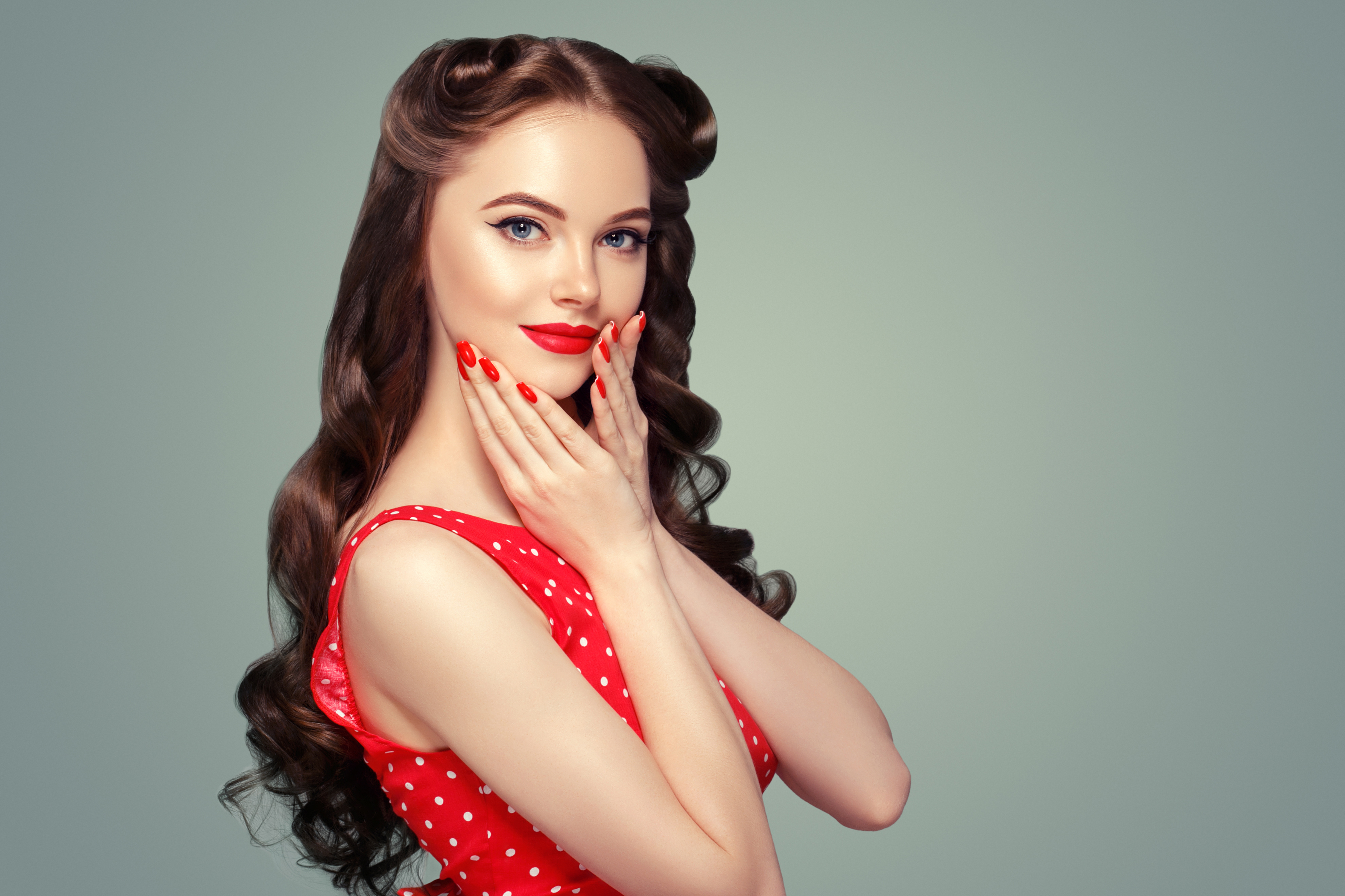 Elegant Model in Red Polka Dot Dress HD Wallpaper