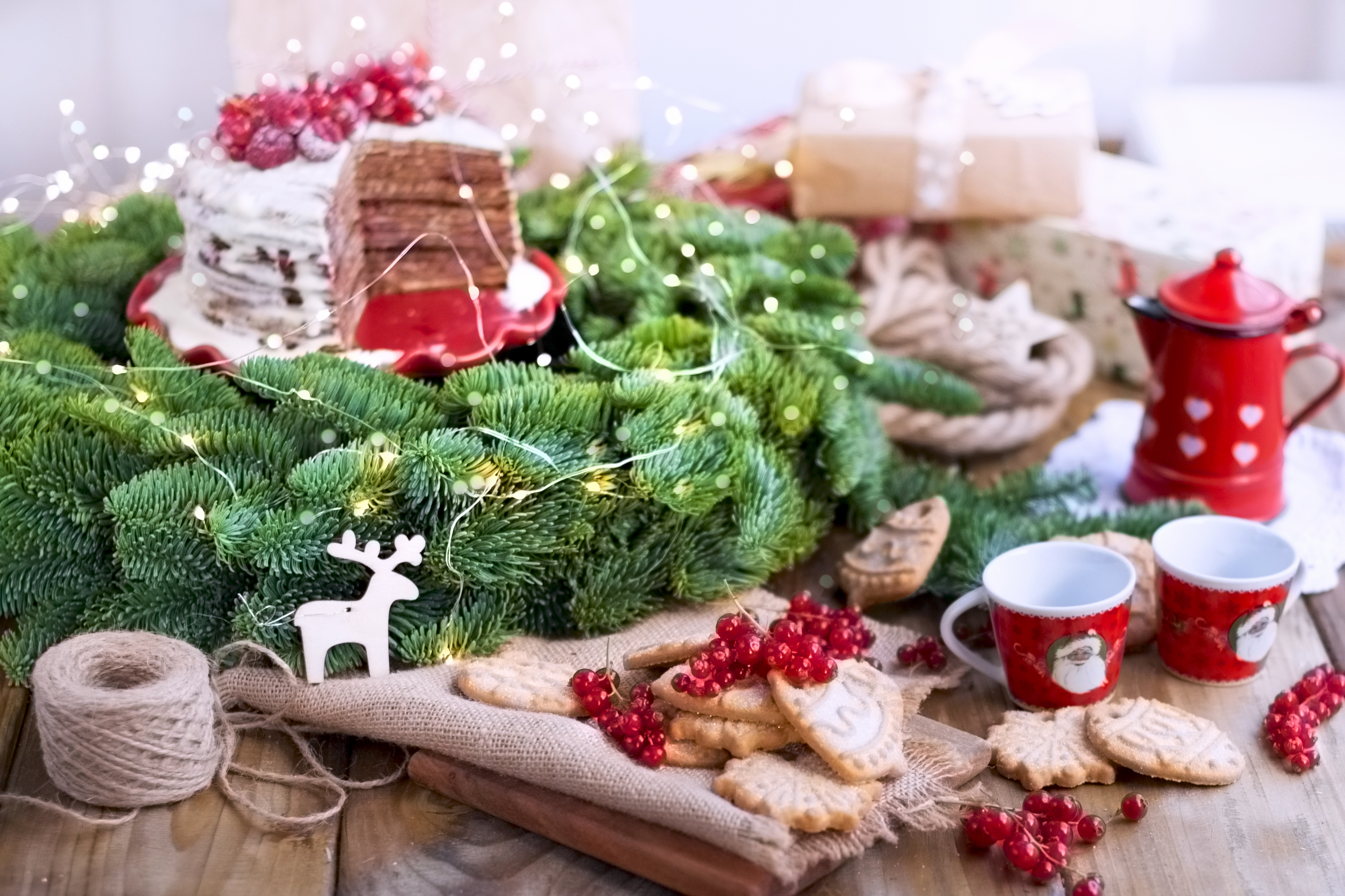 Christmas cake, cookies, and coffee with decorations HD Wallpaper