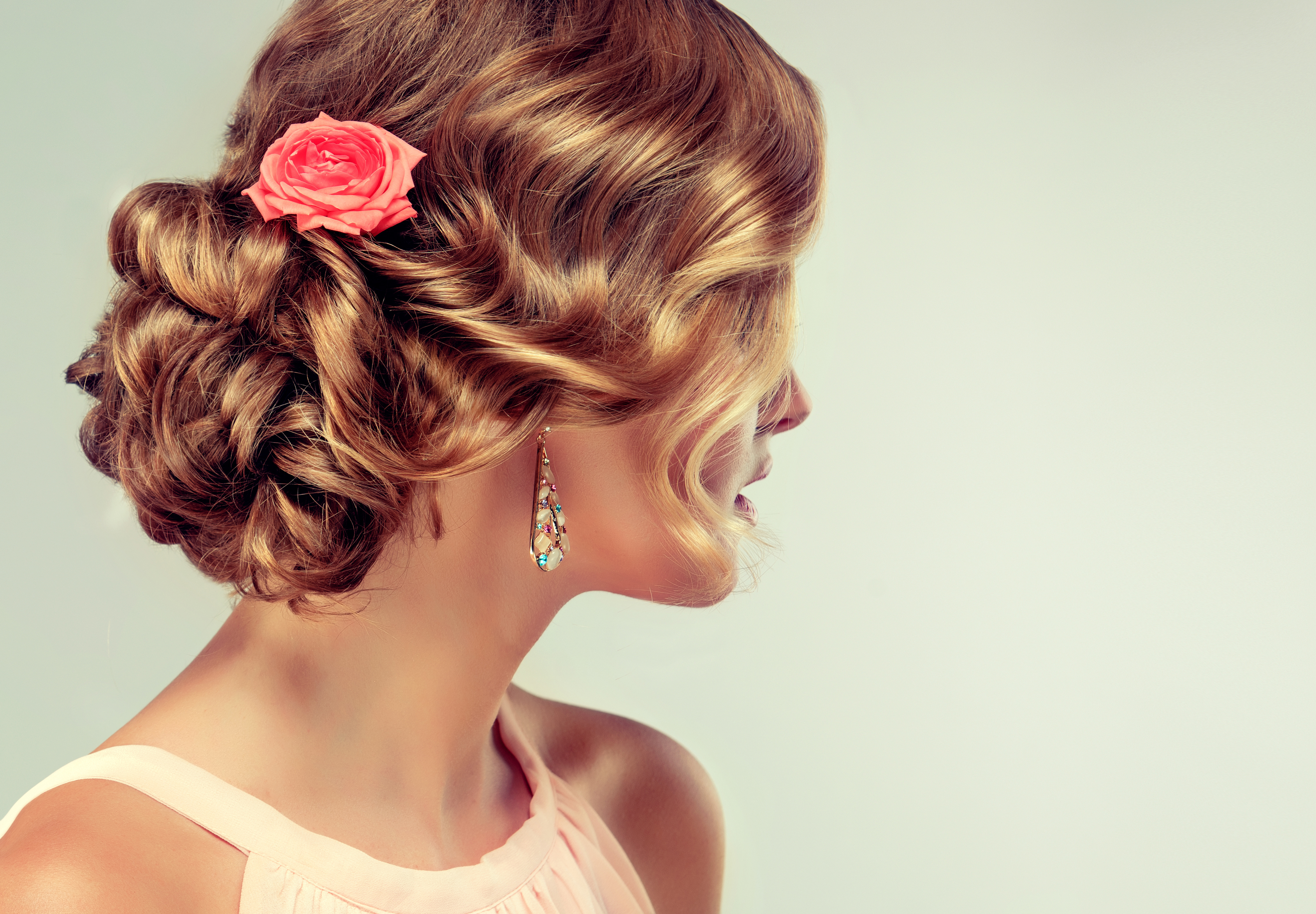 Woman with Rose in Hair and Earrings HD Wallpaper