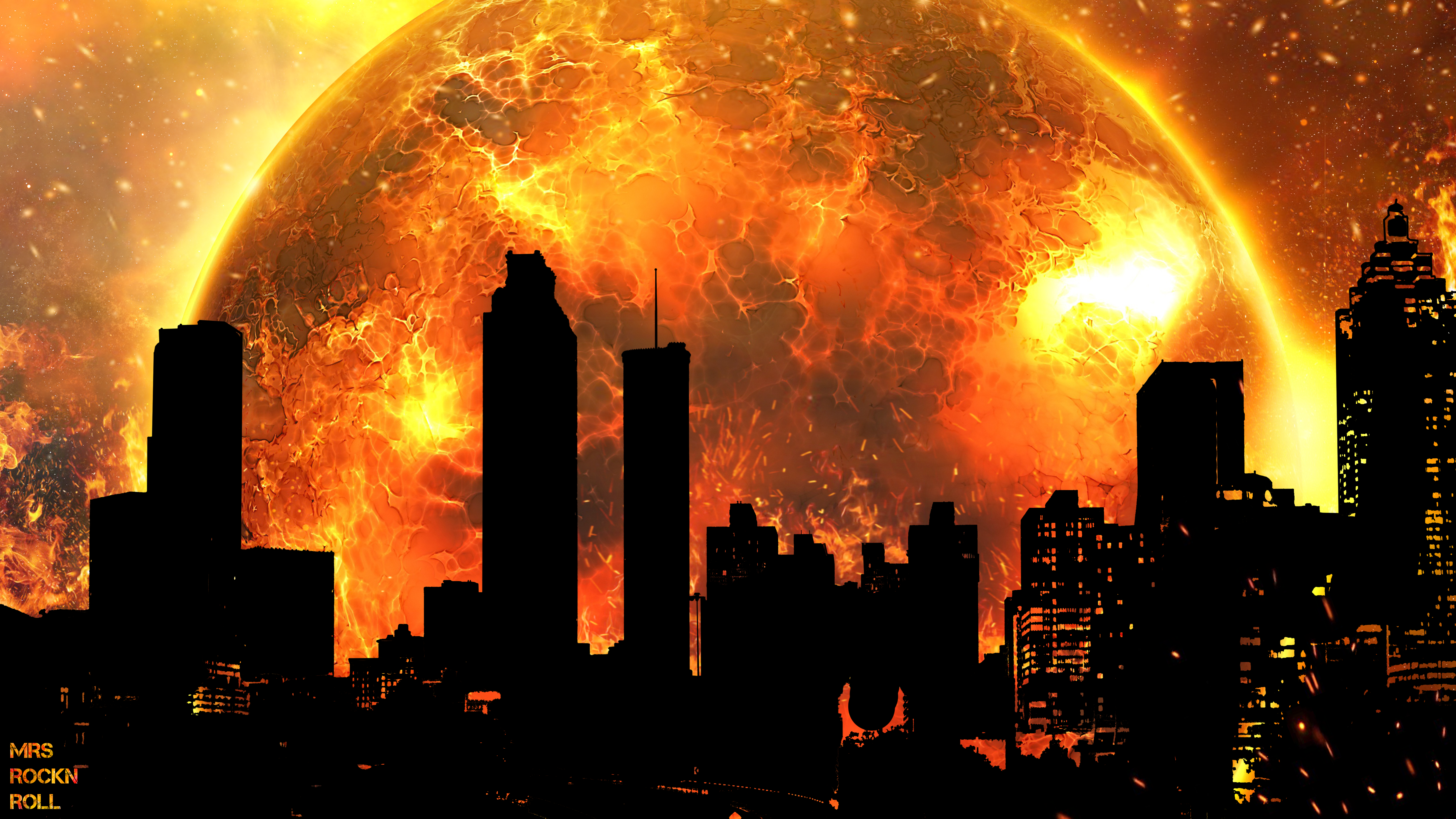 Doomsday Sun Fireball Over City Skyline Buildings HD Wallpaper