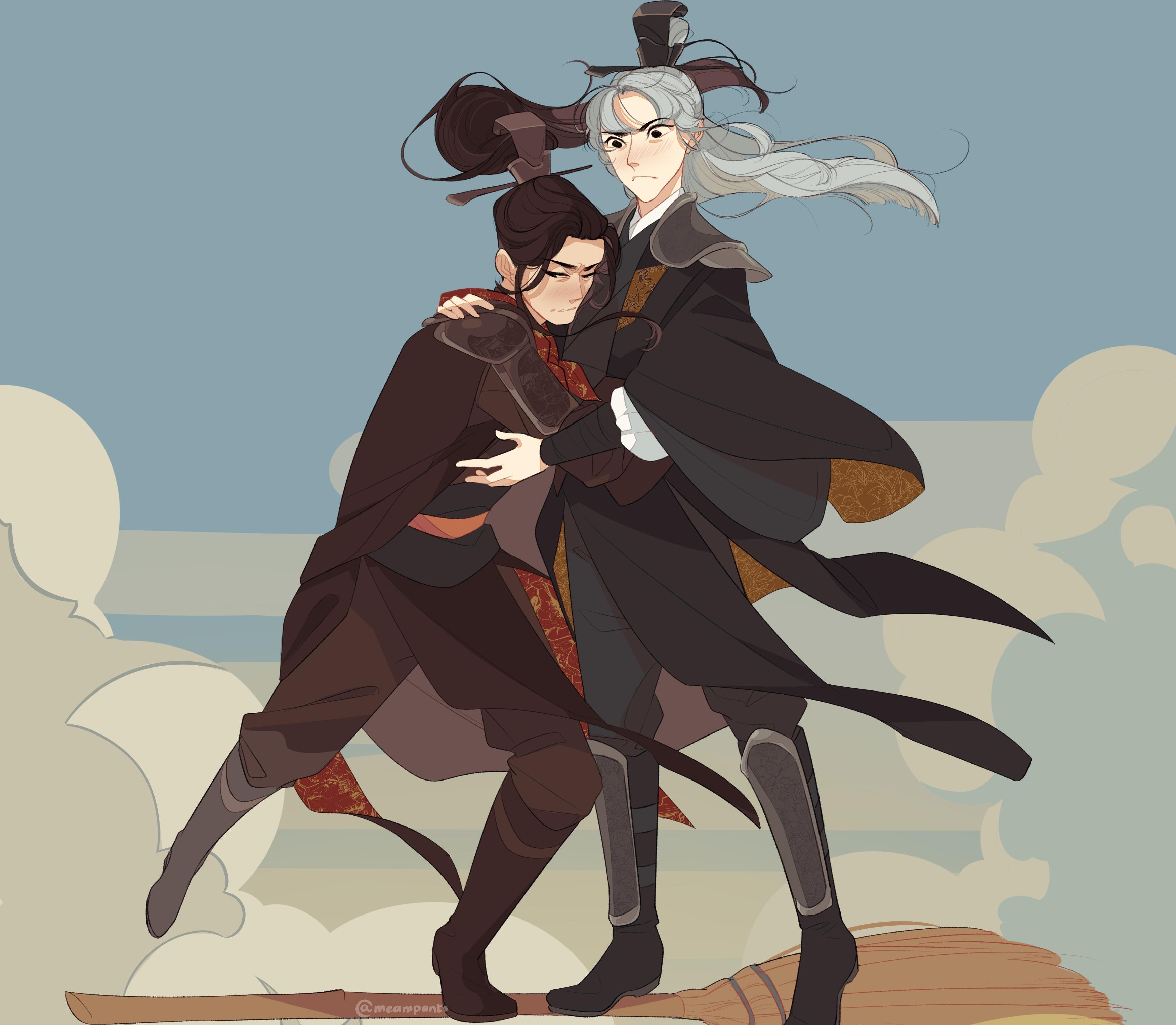 Two men from Tian Guan Ci Fu on a broomstick HD Wallpaper