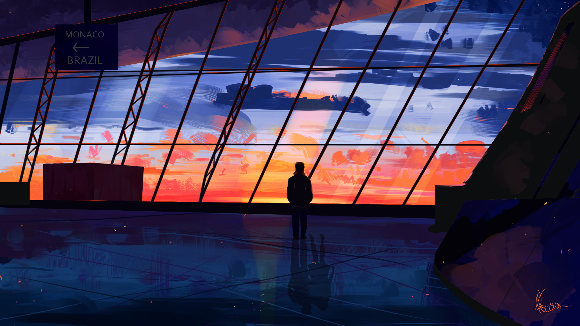 Person at airport looking at sunset HD Wallpaper